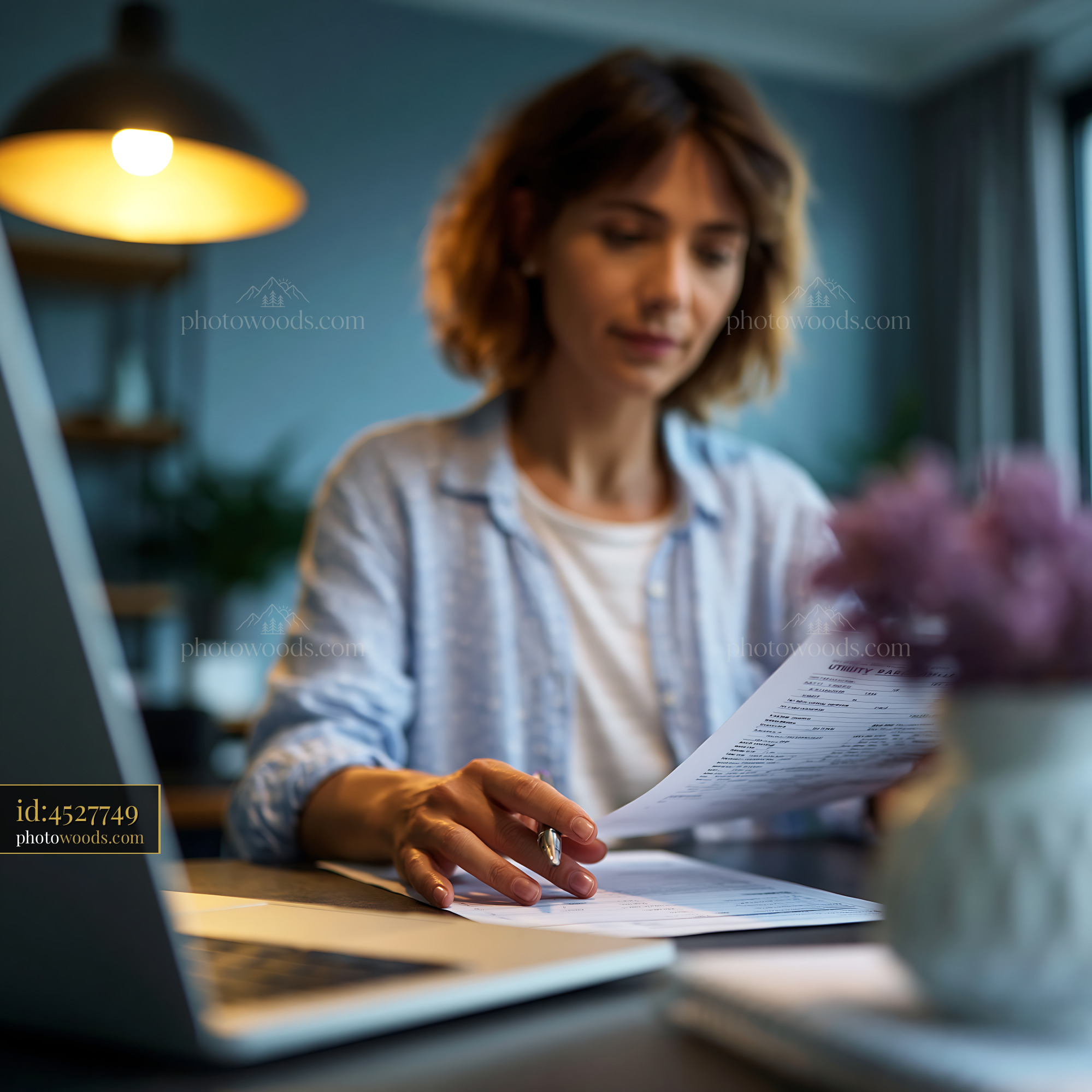 Tenant Reviewing a Utility Bill at a Bank in Indoor Setting