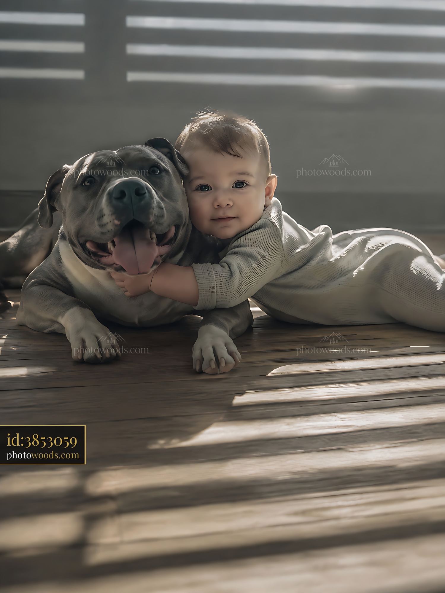 Baby Cuddles With Dog on Wooden Floor in Sunlight