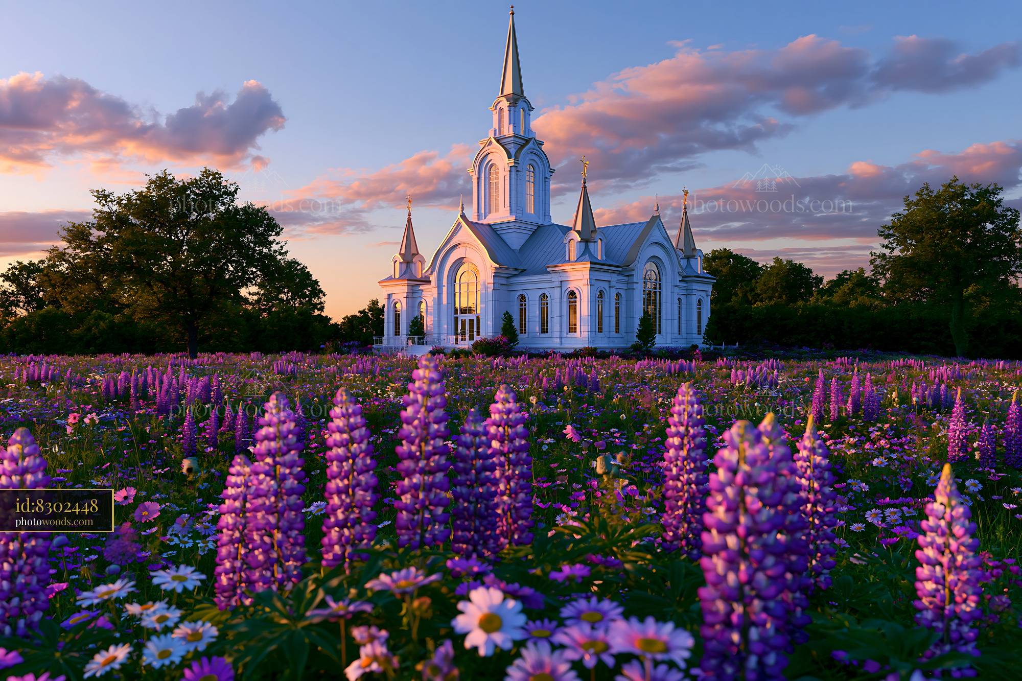 White Church and Purple Flowers at Sunset in Scenic Landscape