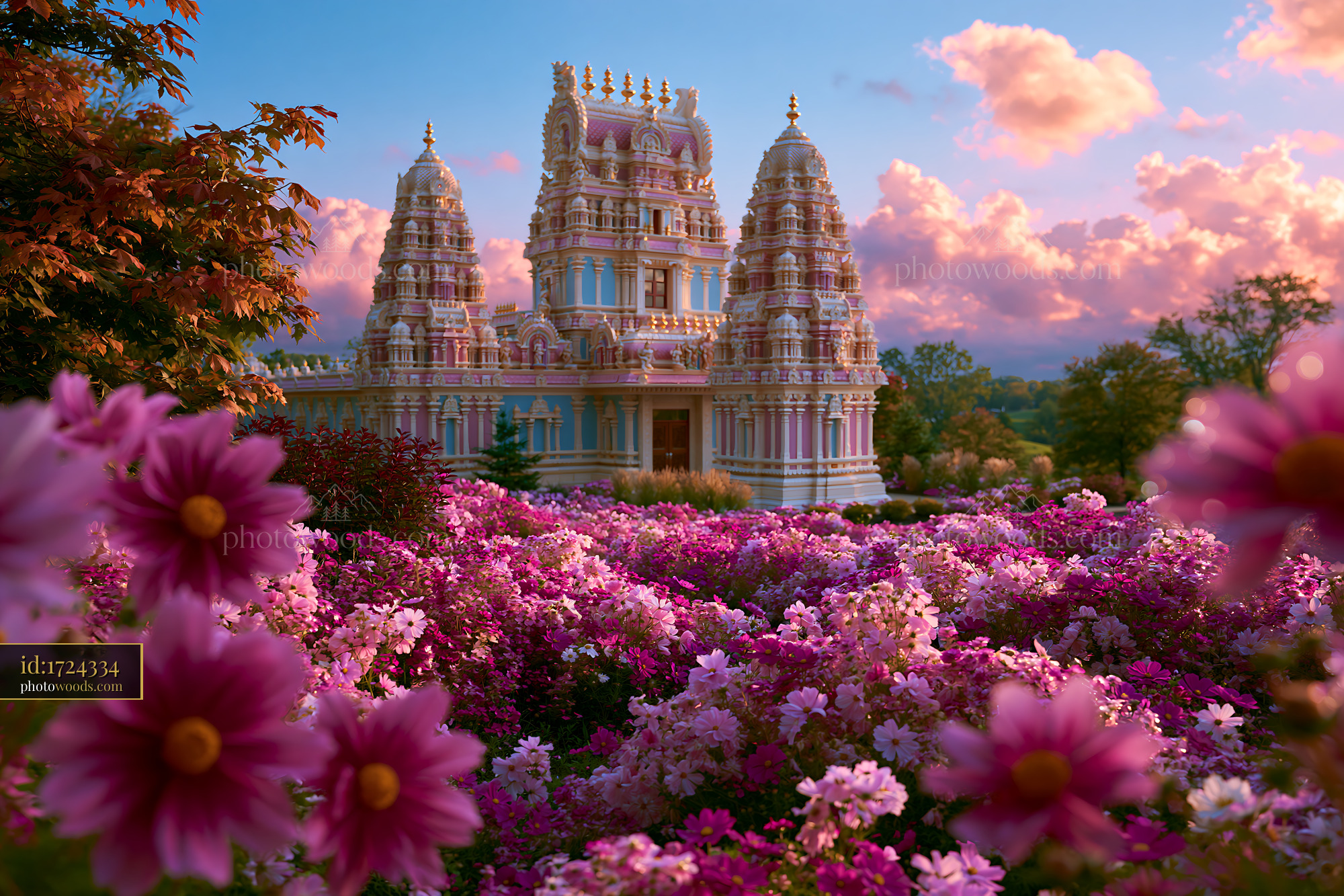 Shree Mandir Seen Among Colorful Flowers During Sunset