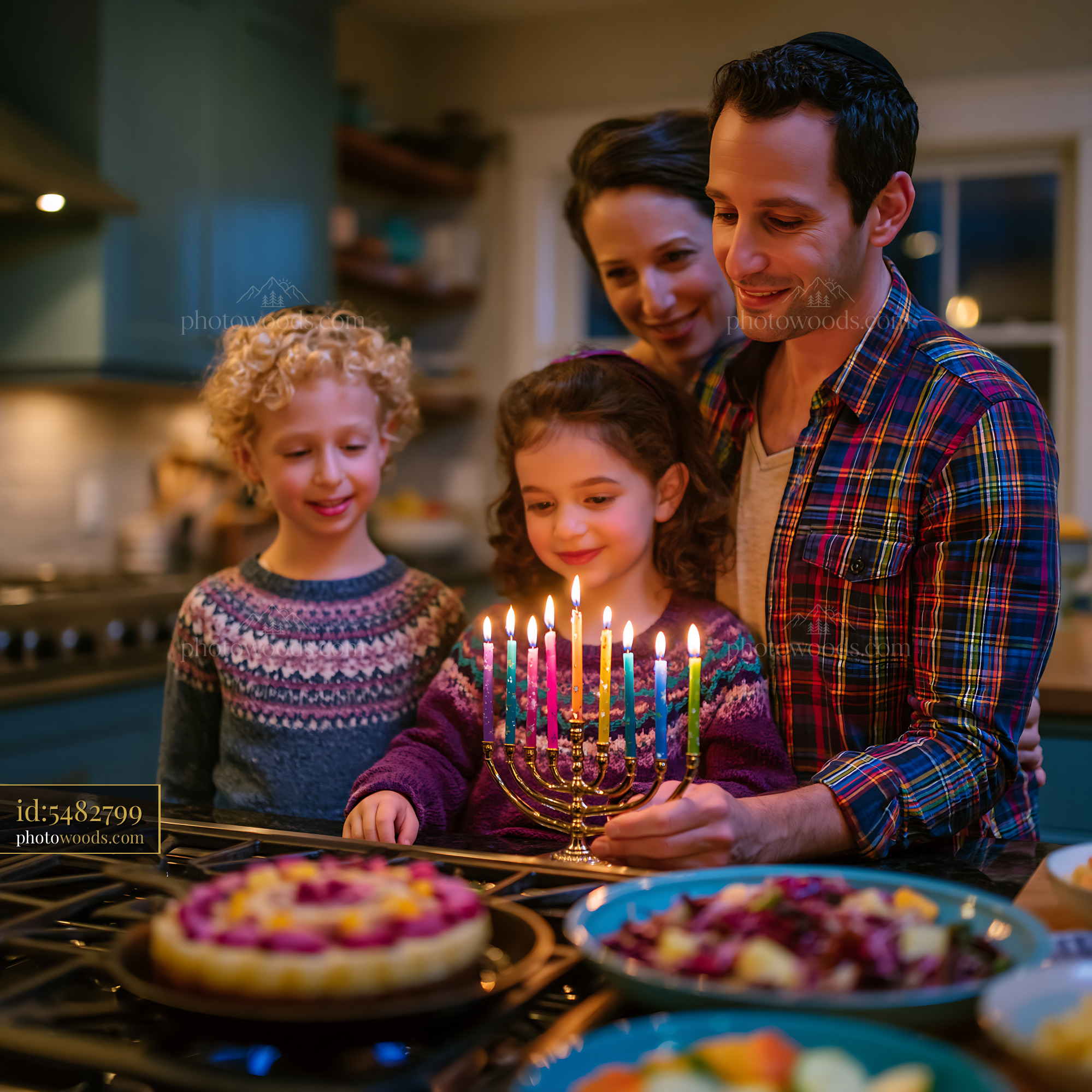 Family Lighting a Menorah for Hanukkah in Cozy Home Kitchen