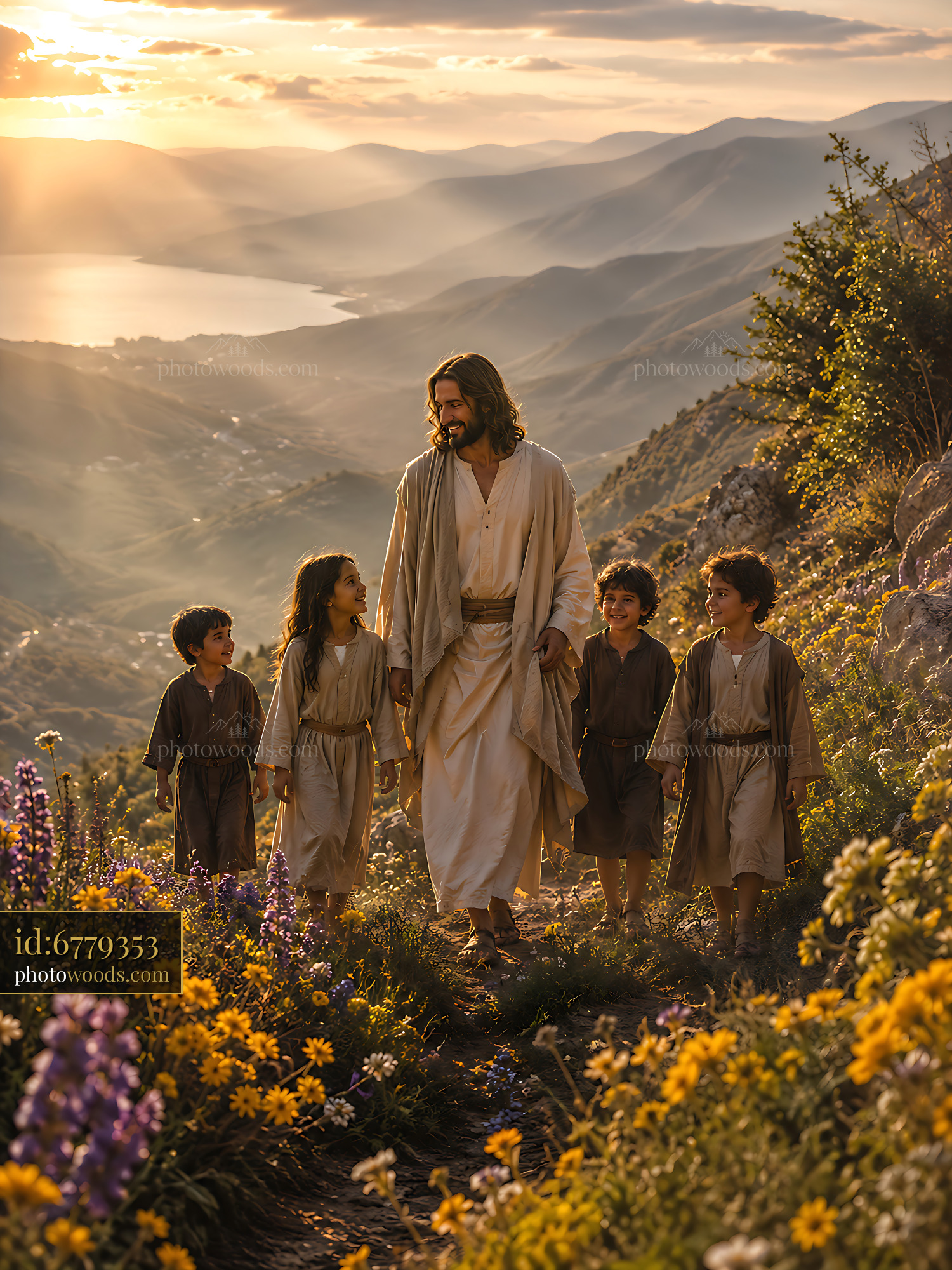 Jesus Walks With Children on a Mountain Path During Sunset