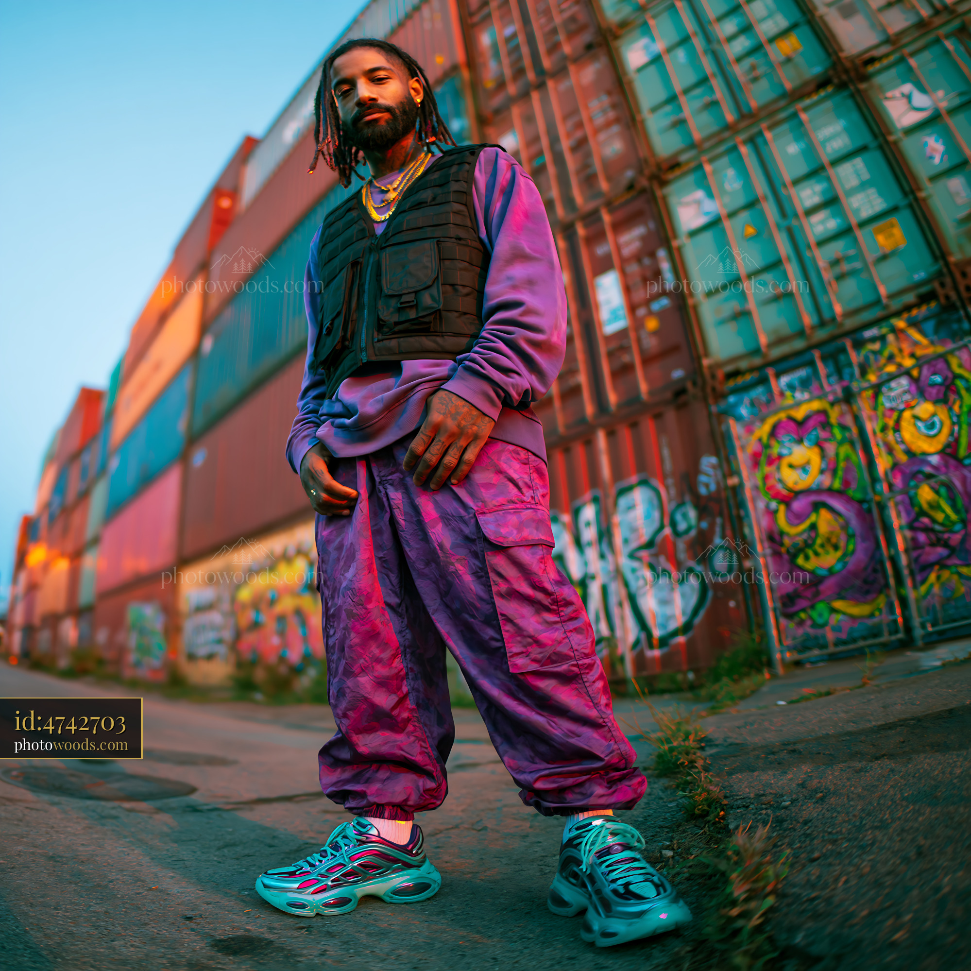Man in Tactical Vest Standing in Alley With Colorful Graffiti