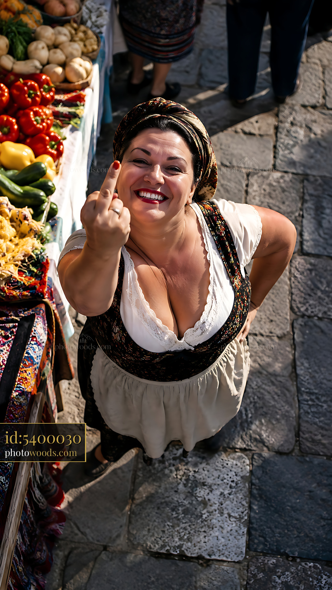 Woman Showing Middle Finger at a Market With Fresh Vegetables