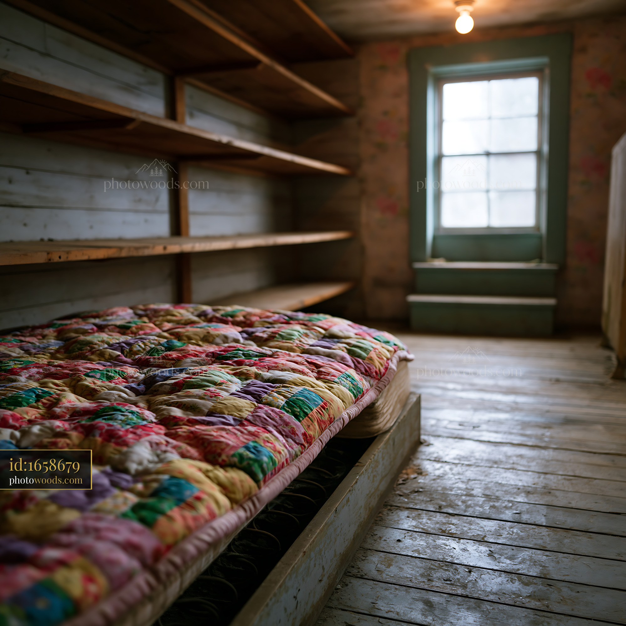 Countryside Pantry With Empty Shelves and Old Quilted Mattress