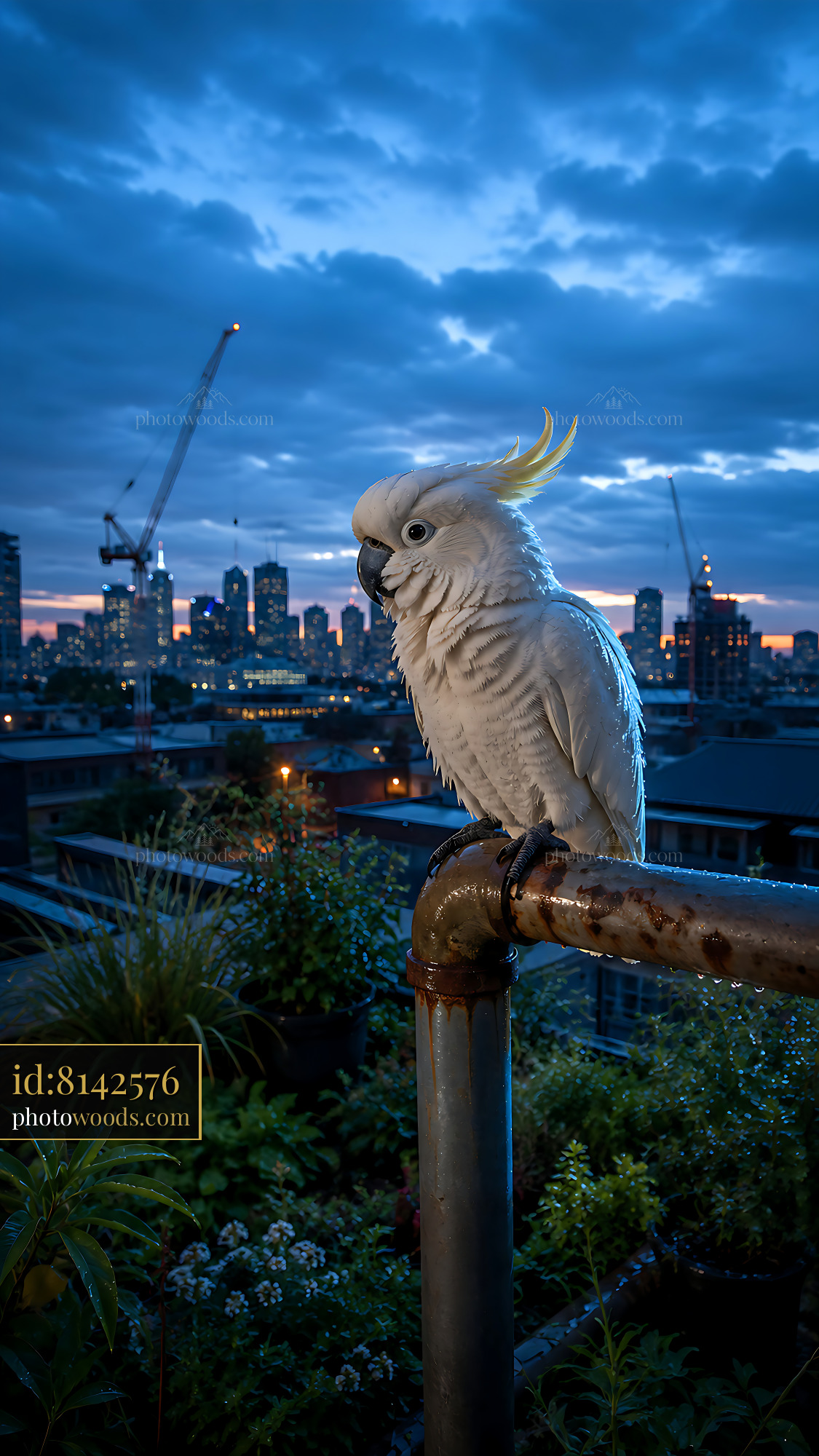 Cockatoo Perched on Railing Against City Skyline at Dusk
