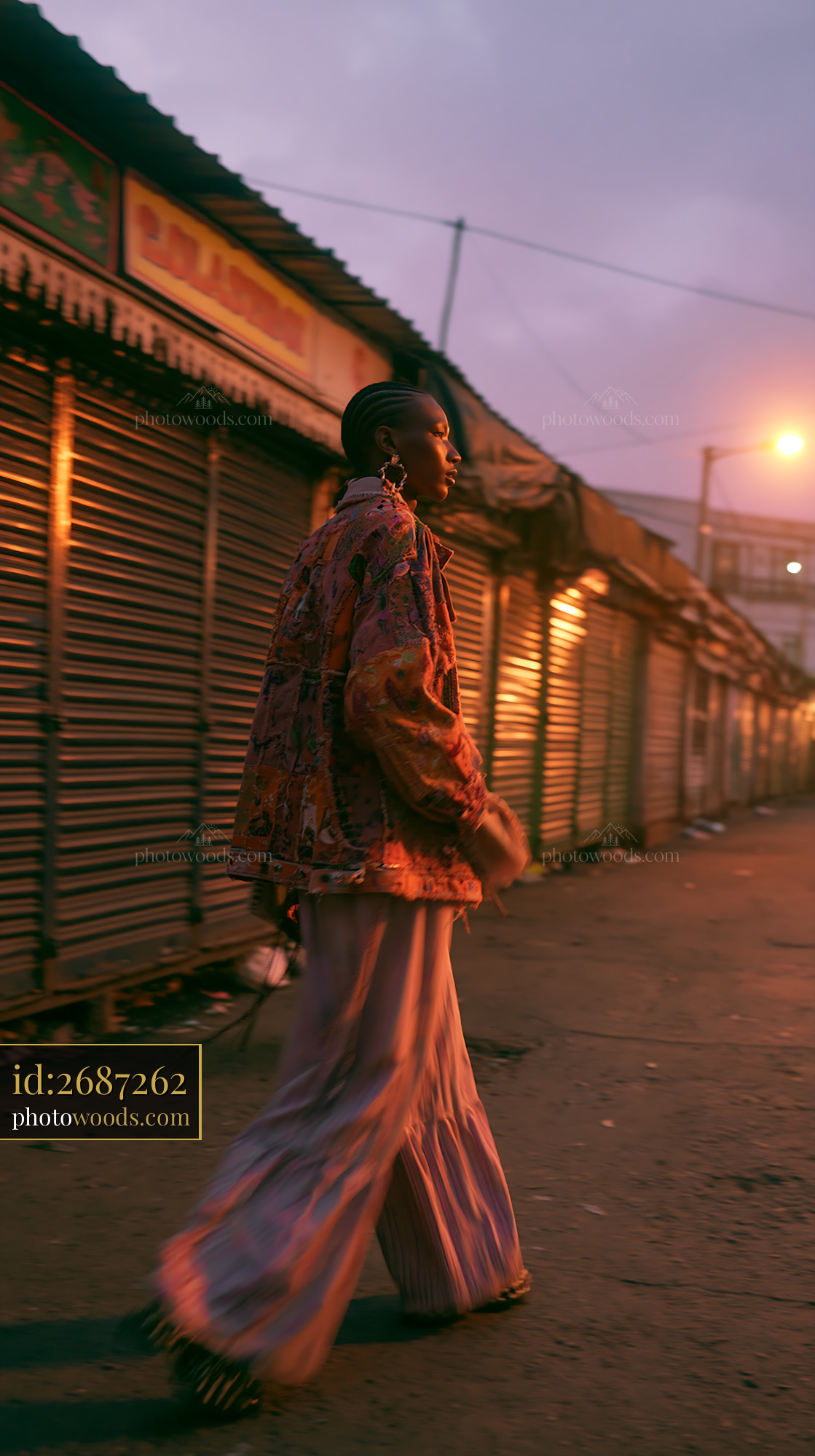 Androgynous Model Walking in Empty Street at Sunset