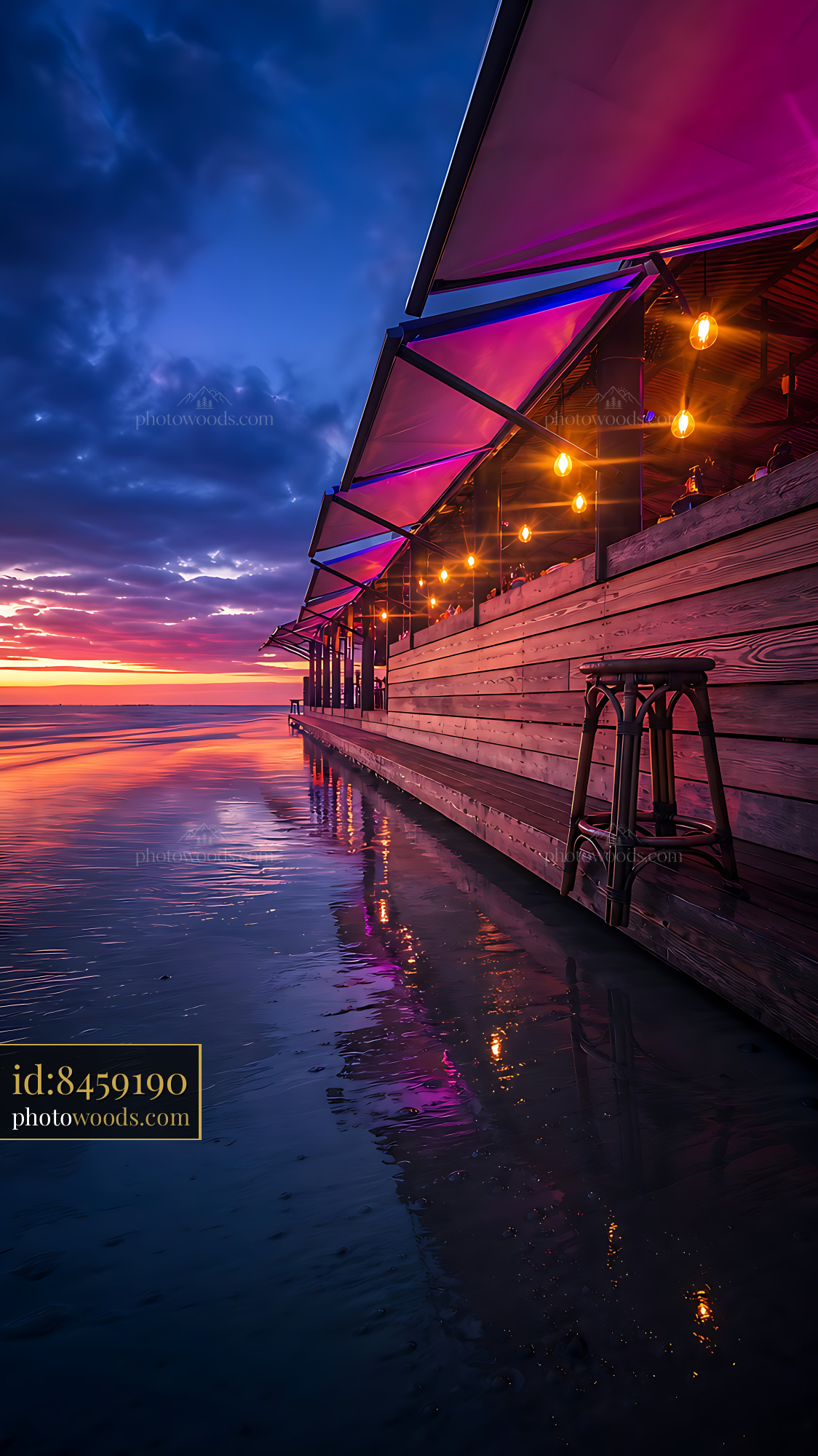 Beachside Restaurant With Colorful Lights at Sunset