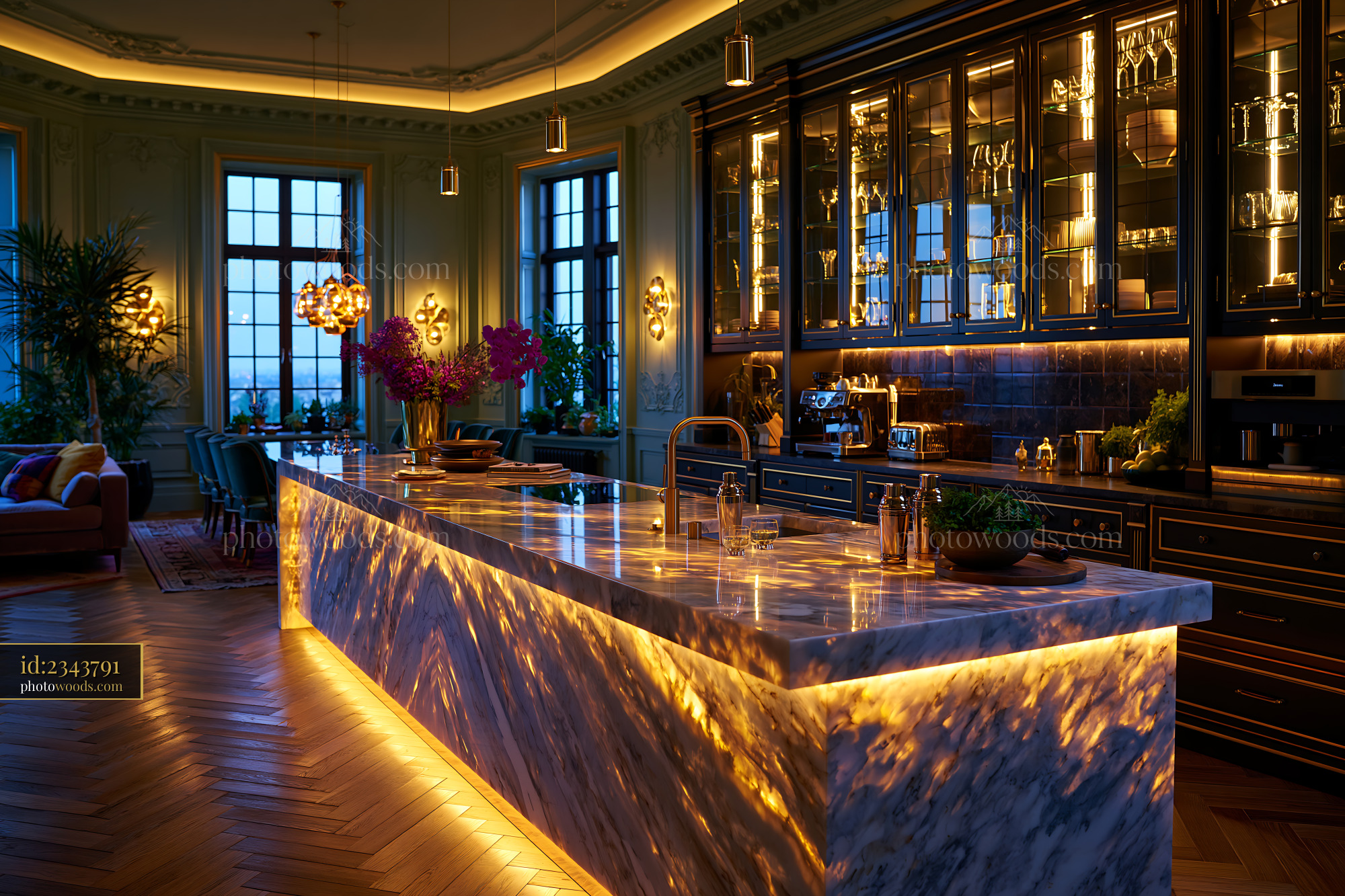 Palatial Chefs Kitchen With Marble Waterfall and Elegant Lighting