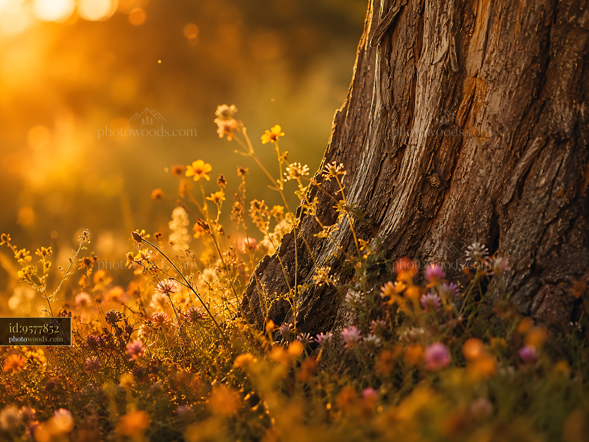 Tree Trunk Surrounded by Wildflowers During Sunset in a Forest