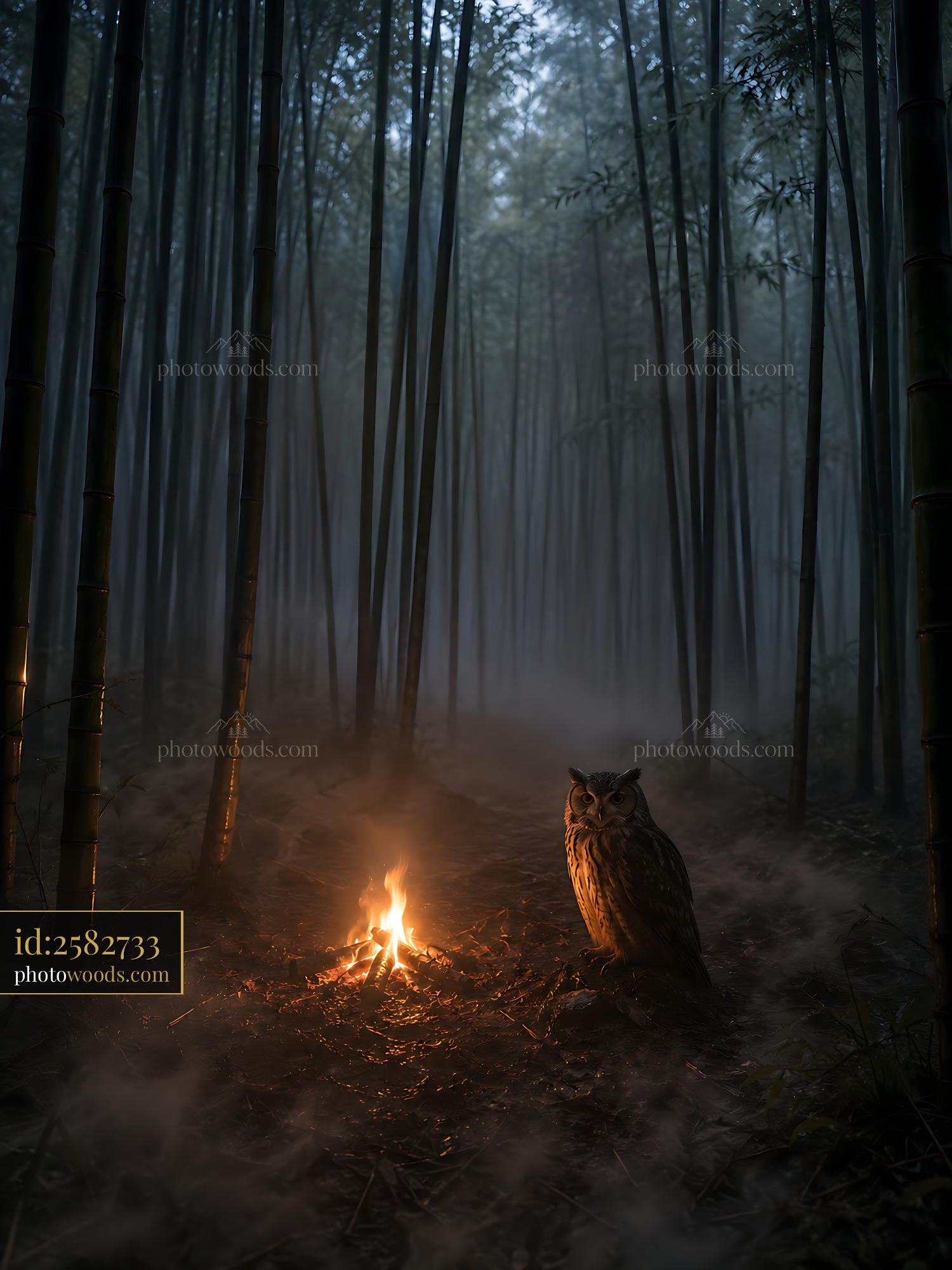 Owl in Bamboo Forest Near Small Fire at Night With Fog