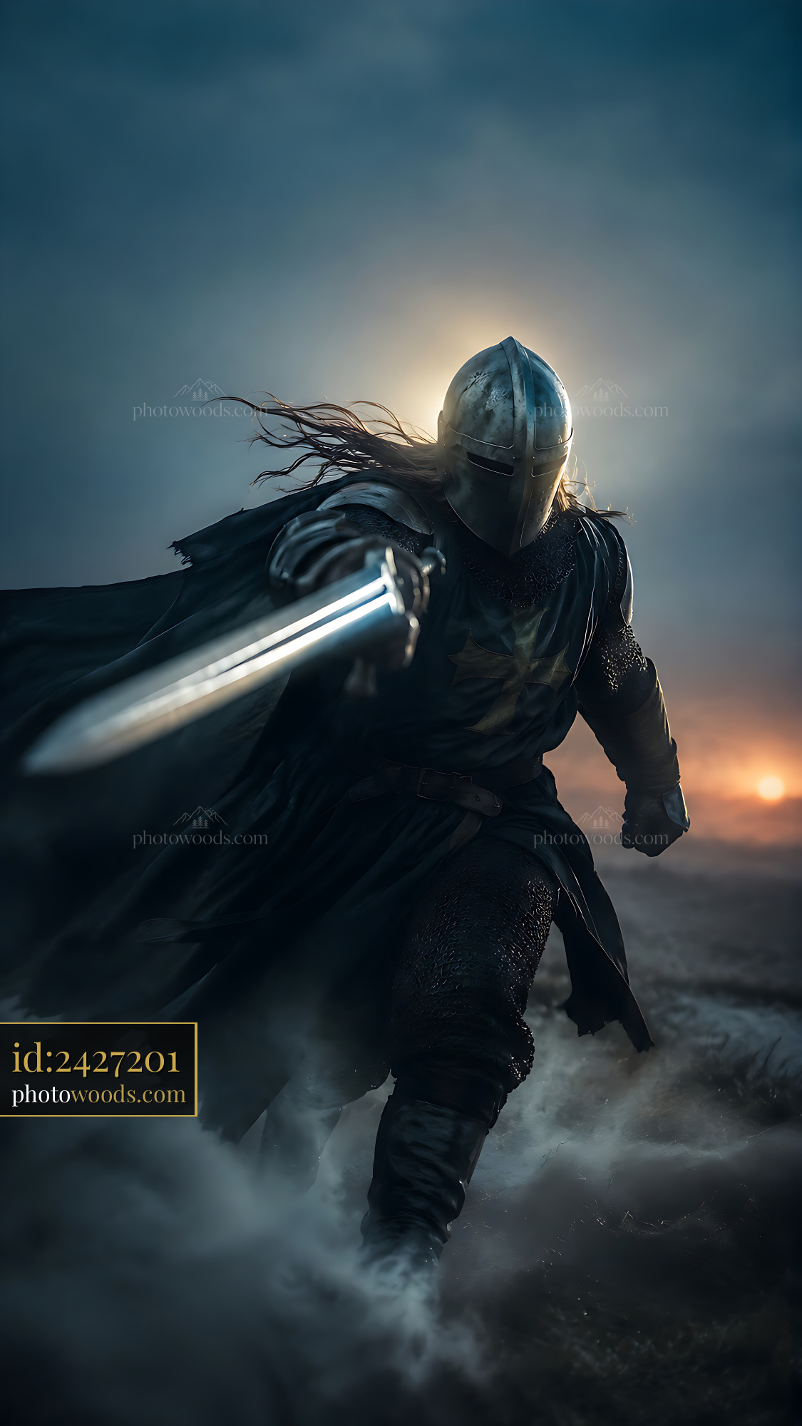 Warrior in Armor Wielding Sword on Battlefield at Sunset
