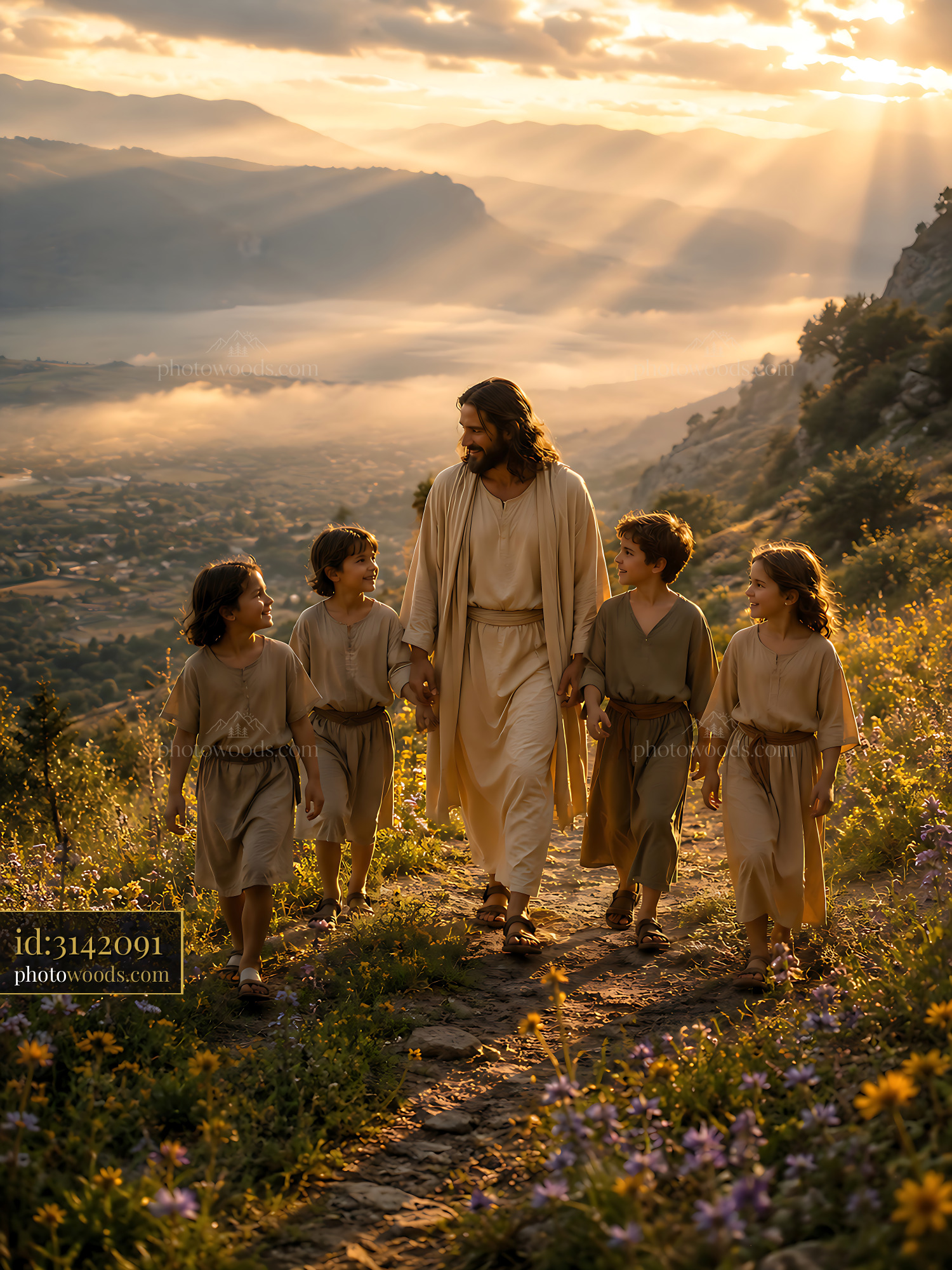Person Walking With Children on a Path During Sunset