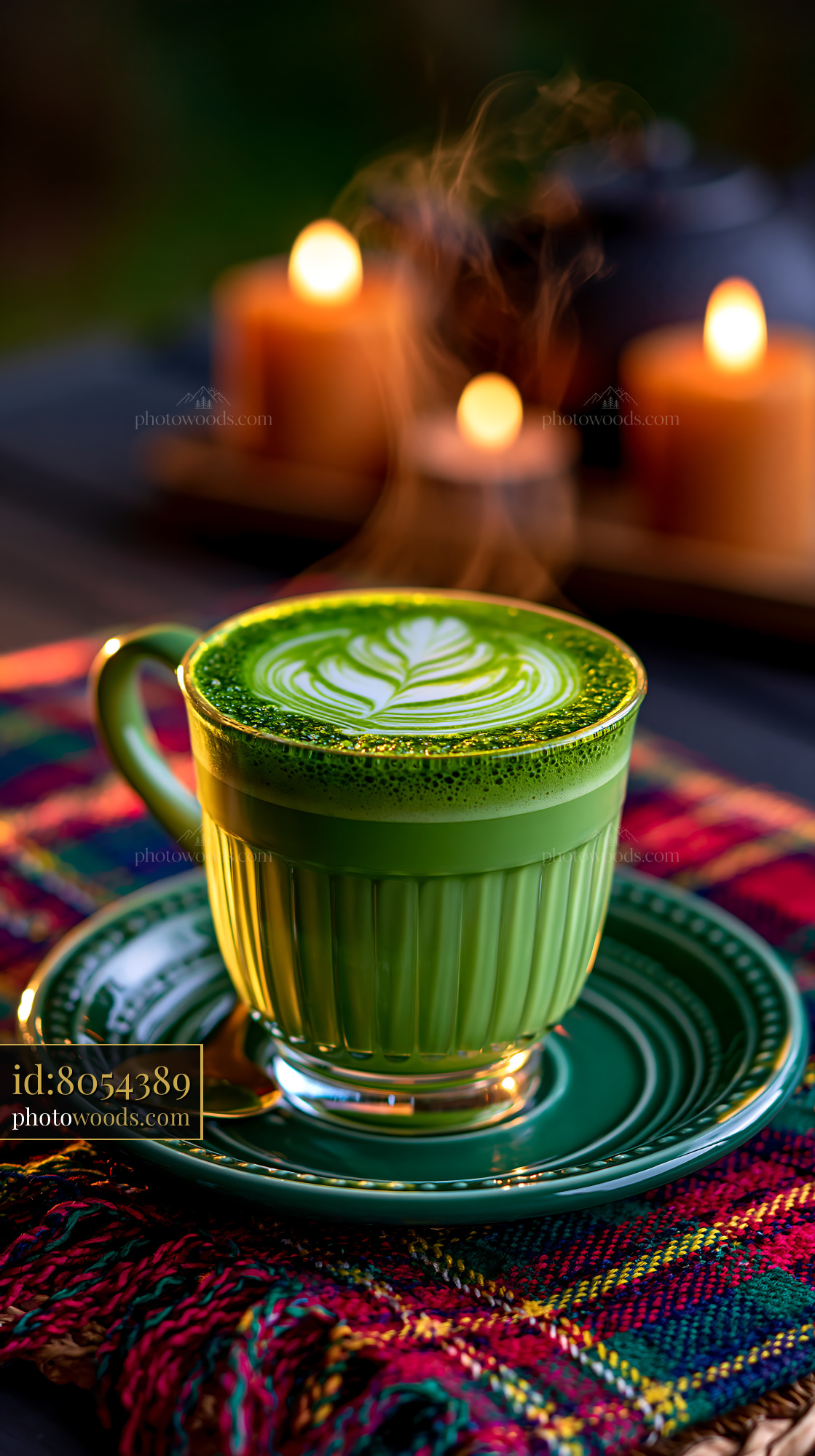 Matcha Latte With Latte Art in a Green Cup With Candles