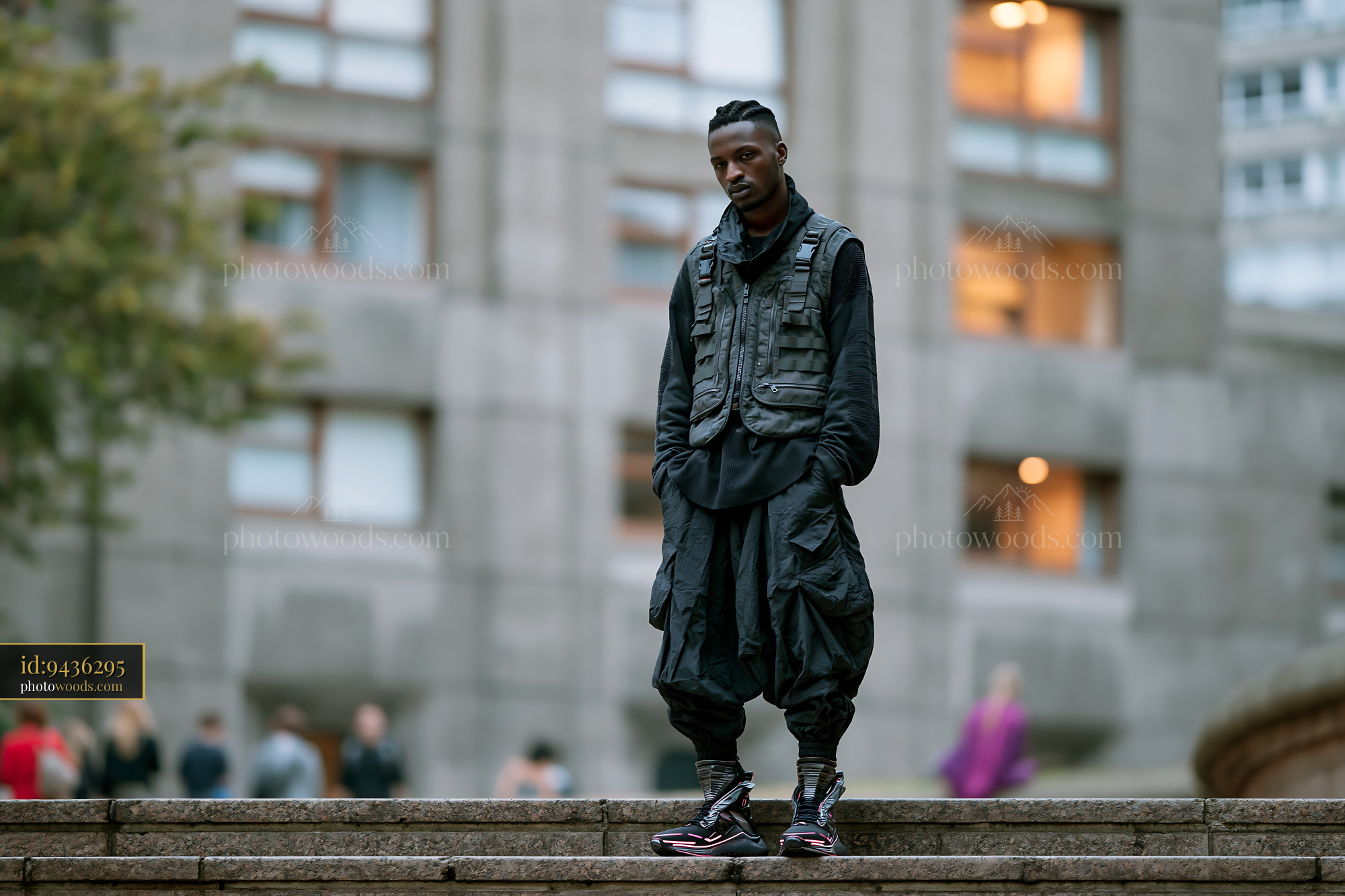 Man in Tactical Vest Standing on Steps With Urban Backdrop
