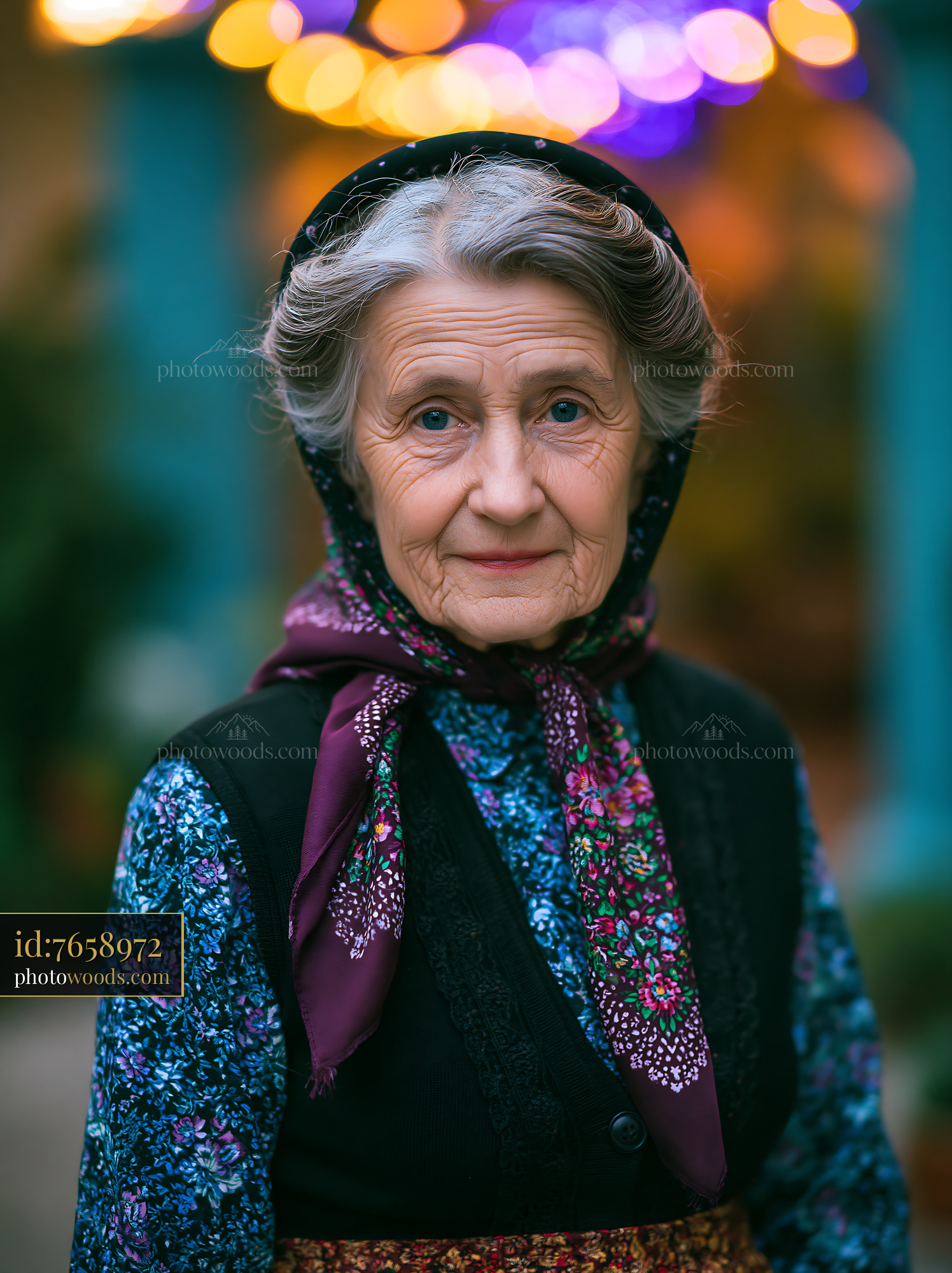 Elderly Woman Poses in Traditional Clothing With Colorful Lights