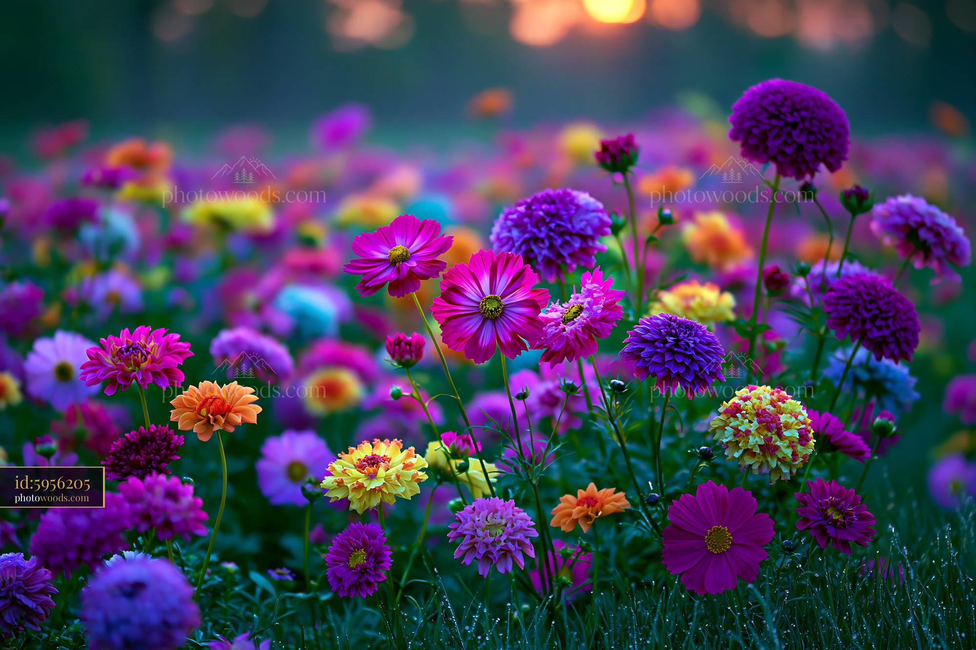 Colorful Flowers Bloom in a Vibrant Meadow at Sunset