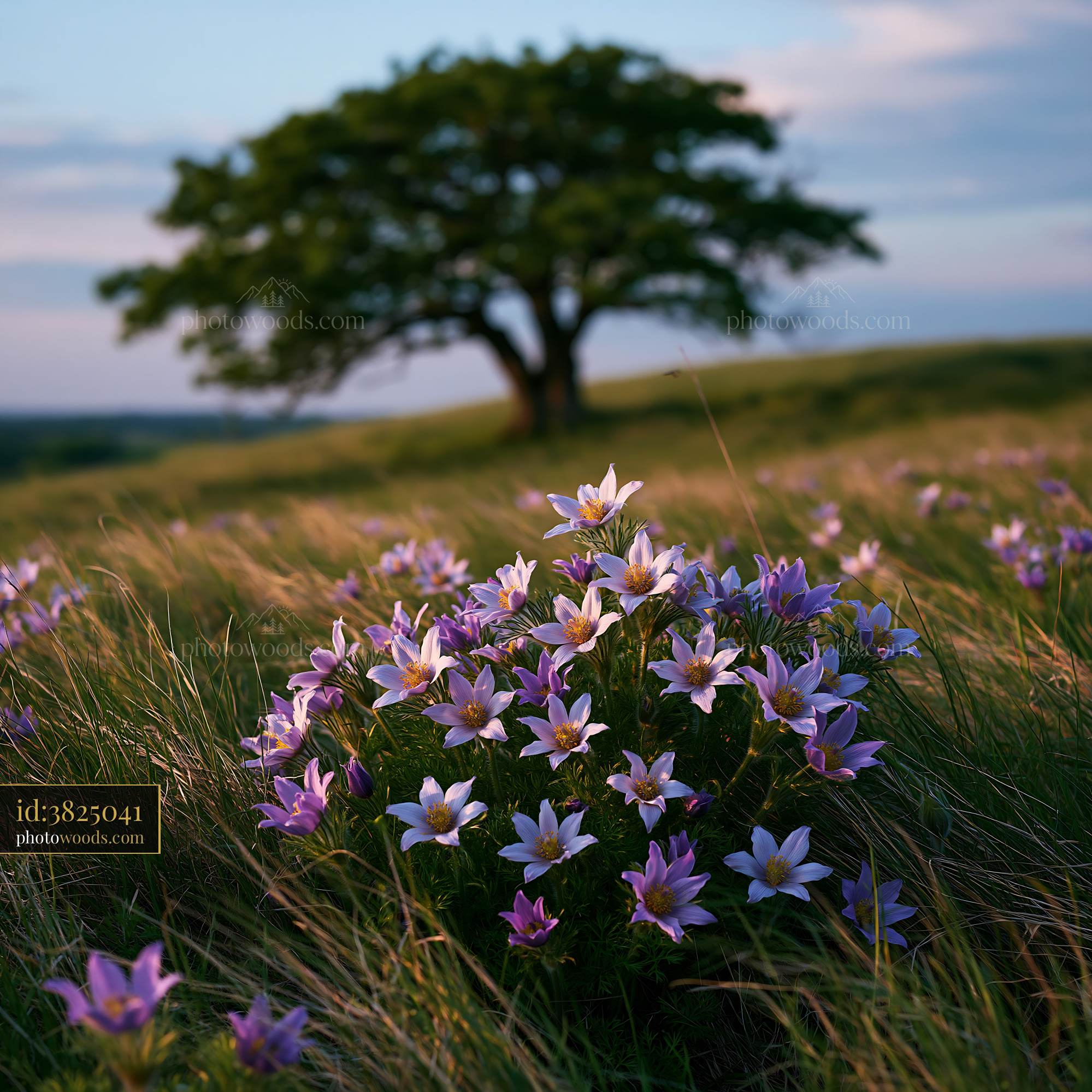 Pasque Flowers Bloom in a Spring Meadow Near a Tree