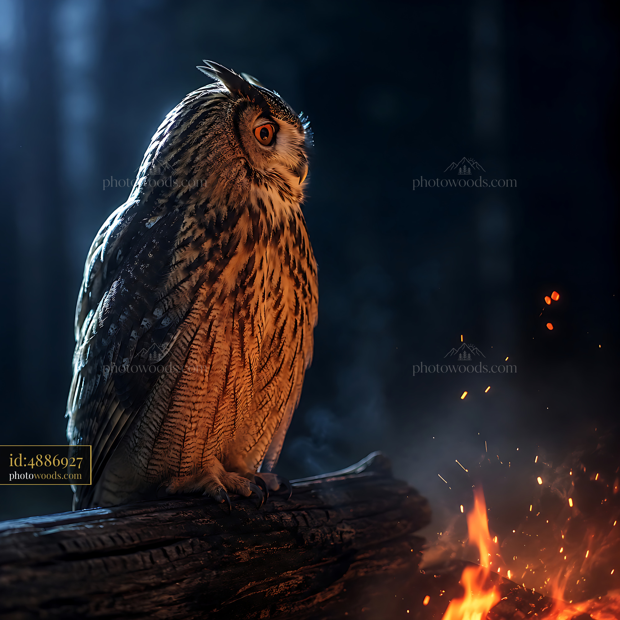 Owl Perched on a Log Near Fire in Dark Forest at Night