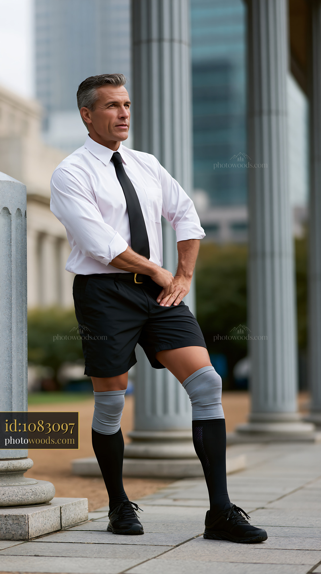 Office Worker in Compression Stockings Poses Outdoors in the City