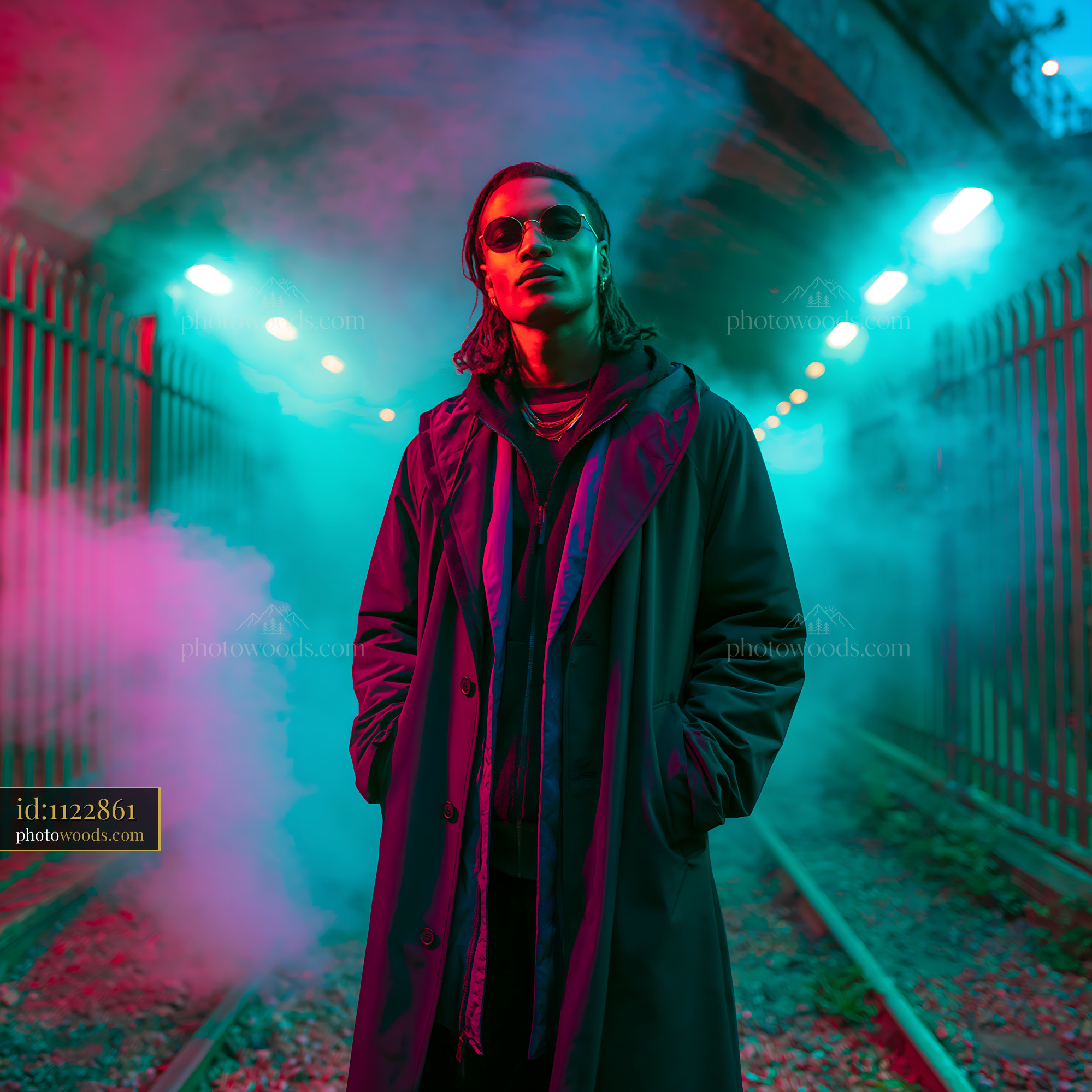 Tall Model in Longline Coat Standing in Colorful Smoke