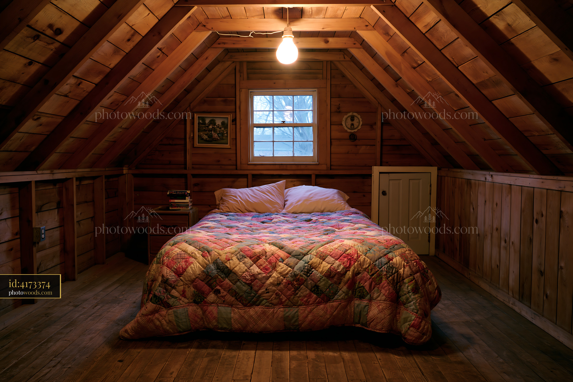 Cozy Wooden House Interior With Quilt on Bed During Winter