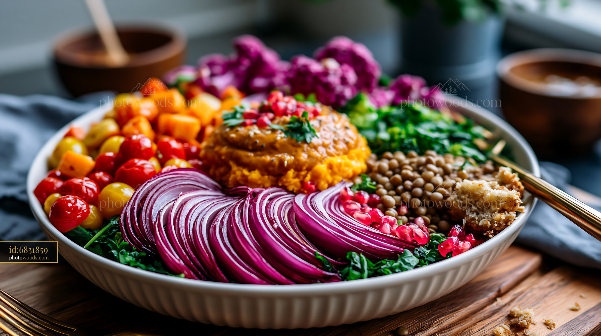 Buddha Bowl With Colorful Vegetables and Lentils on a Table