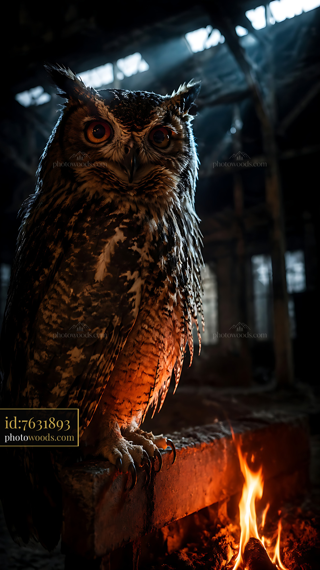 Owl Perched on a Log Beside a Fire in a Dimly Lit Barn