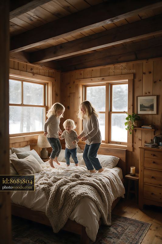 Mother and Two Blond Children Jumping on a Bed