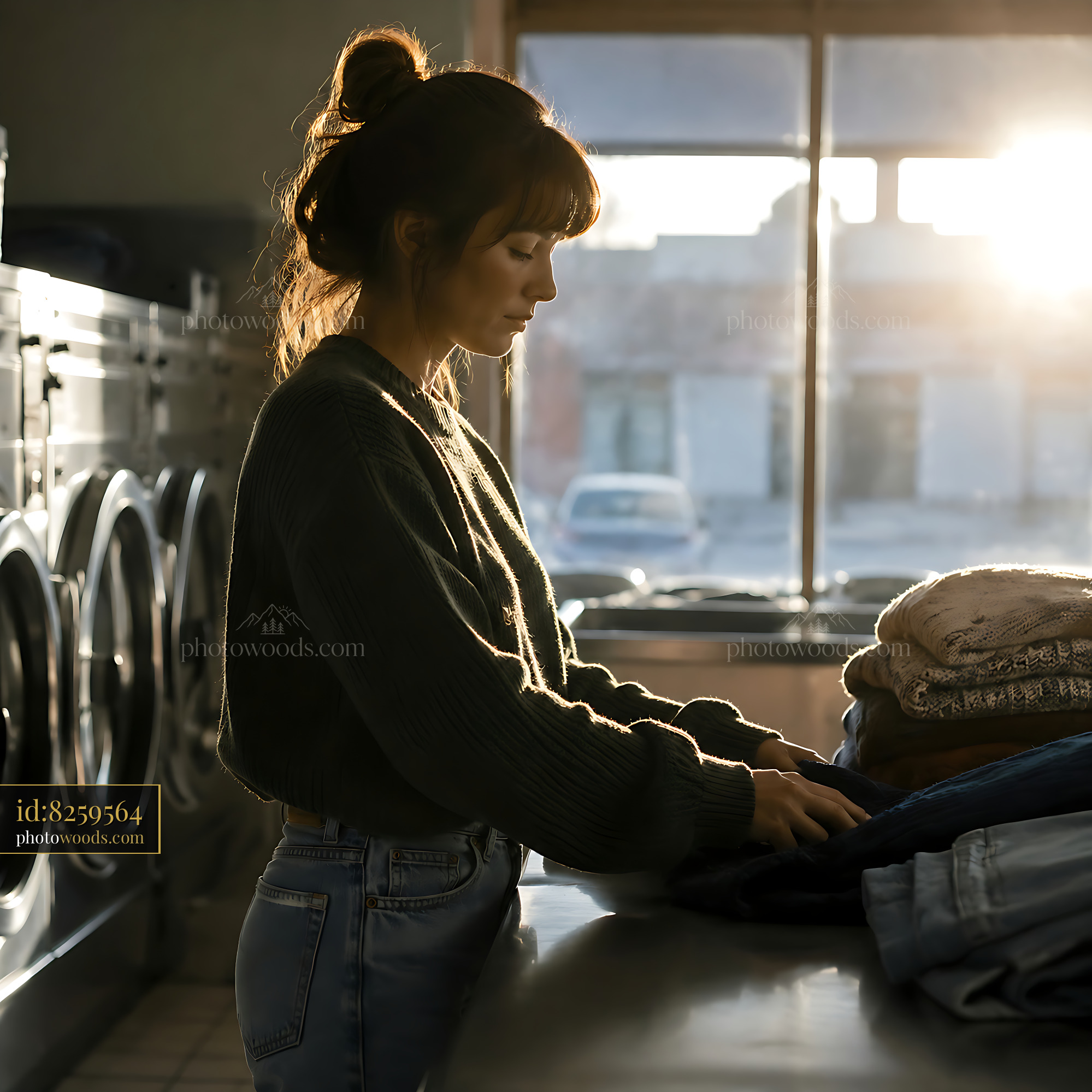 Woman Folding Laundry in a Laundromat During Sunset