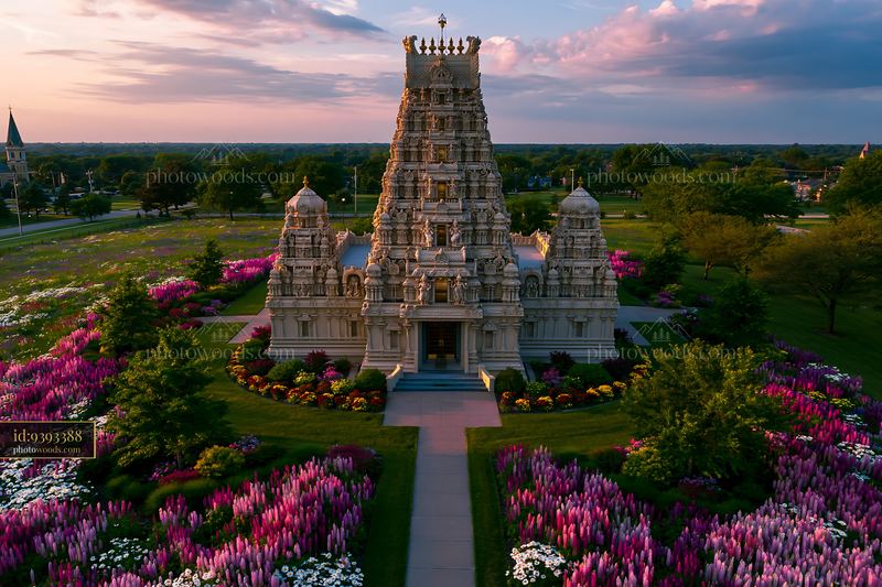 Temple surrounded by colorful flowers at sunset