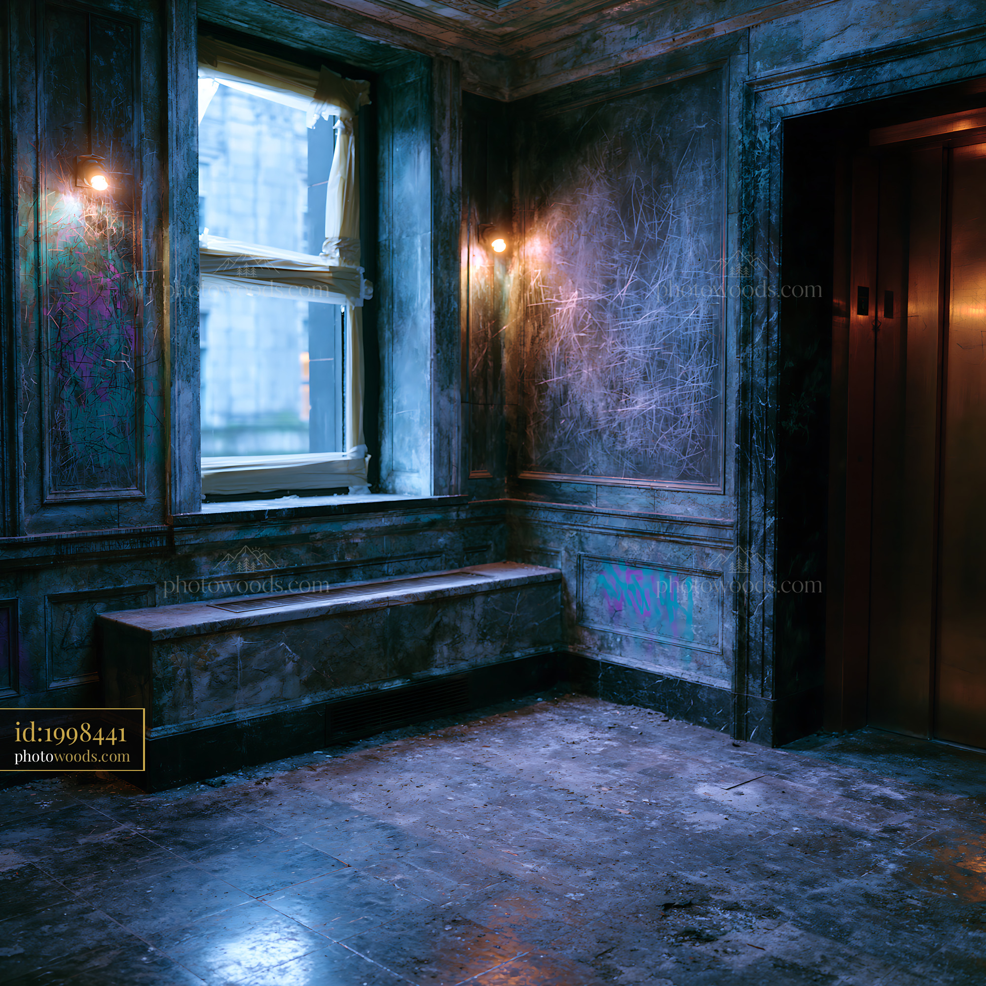 Shabby Elevator Lobby With Graffiti and Dark Wall Texture