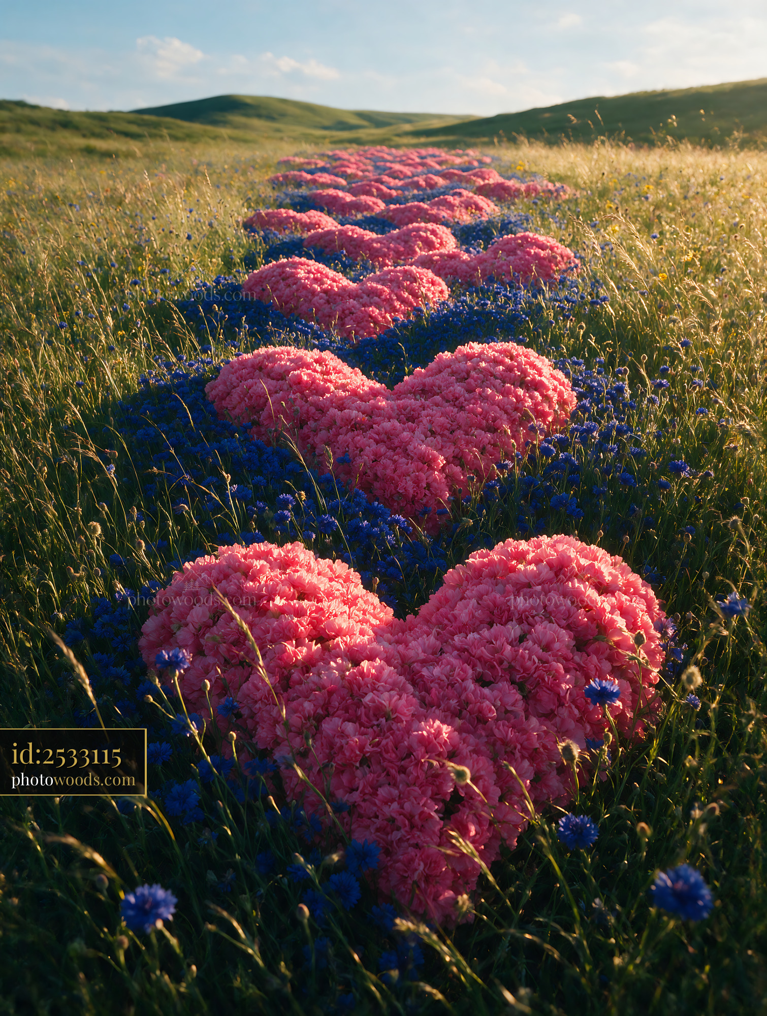 Pink Heart-Shaped Wildflowers in a Meadow at Sunset