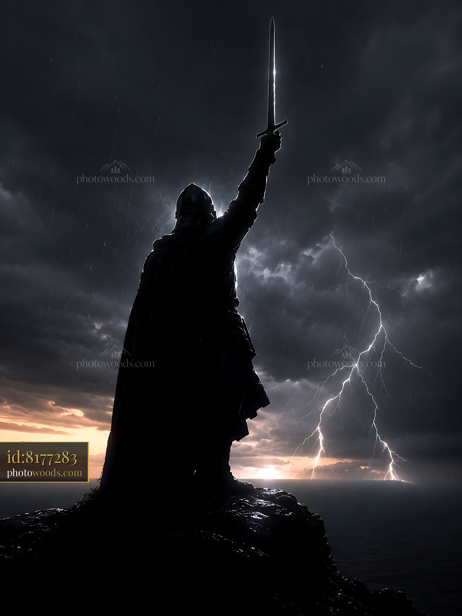 Warrior Stands on Cliff Holding Sword Against Stormy Sky