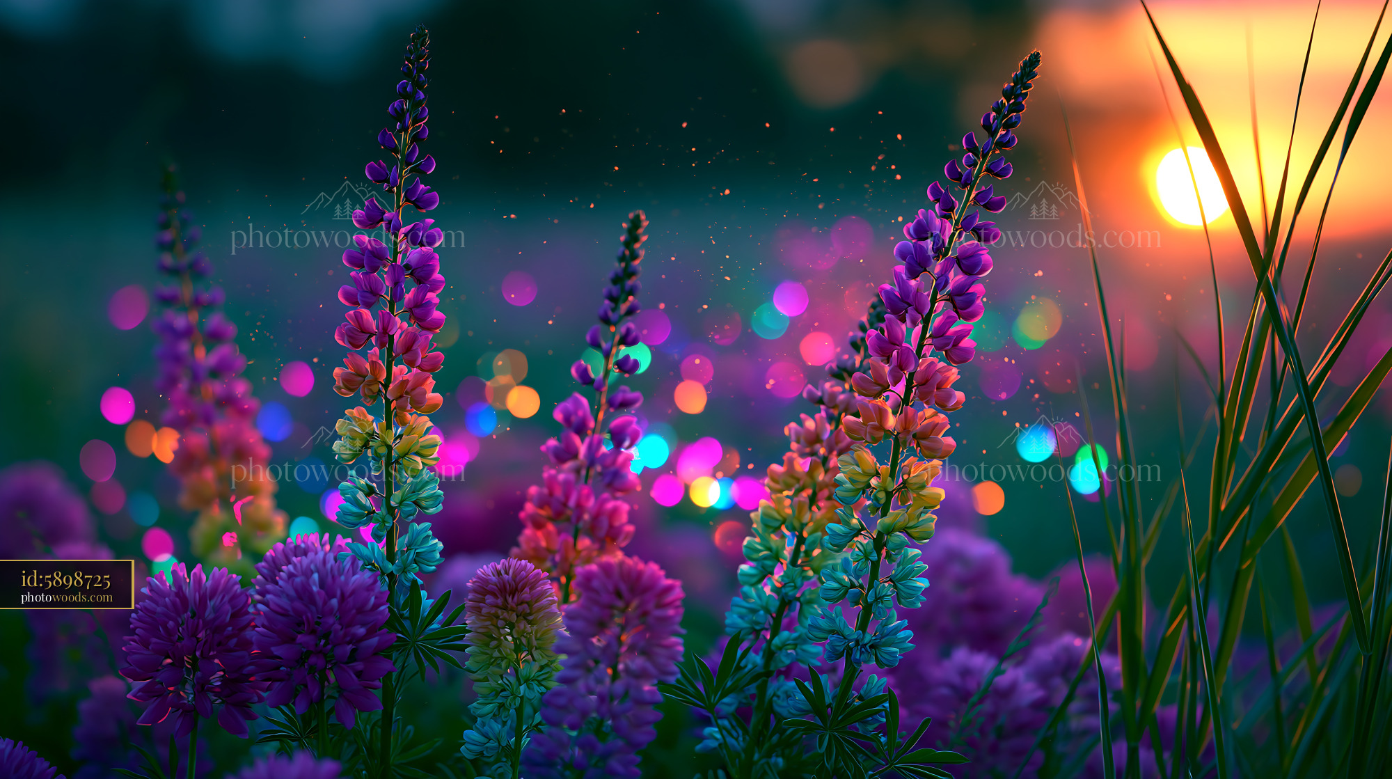 Purple Flowers Bloom With Colorful Lights at Sunset