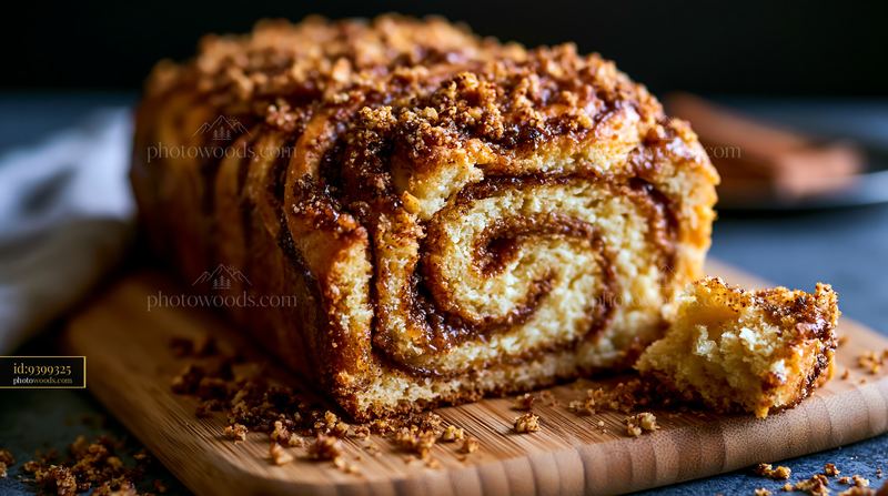 Cinnamon Babka Loaf With Swirled Layers on a Wooden Board