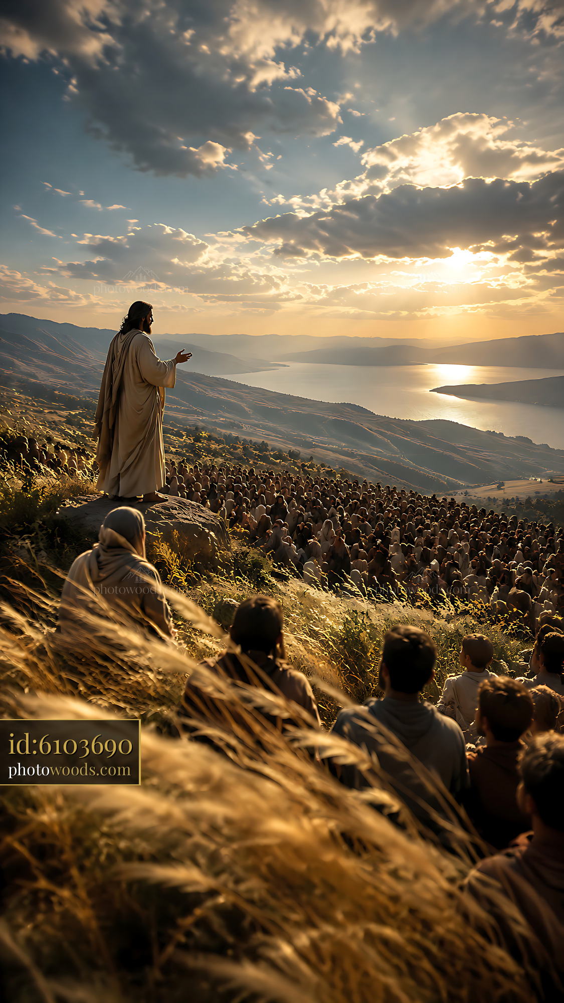 Jesus Speaks to a Crowd on a Hillside at Sunset Over the Water