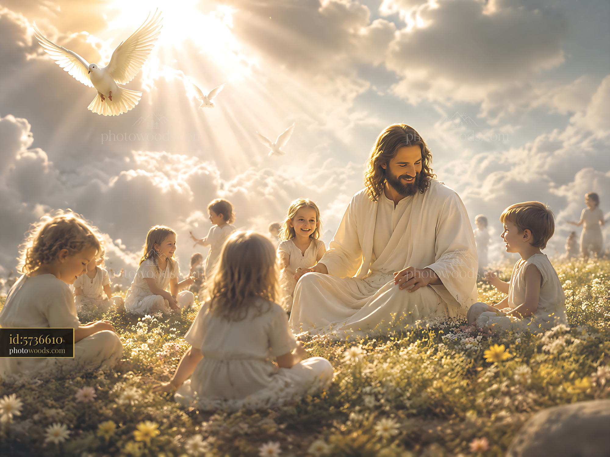 Jesus Interacts With Children in a Bright, Open Field With Doves
