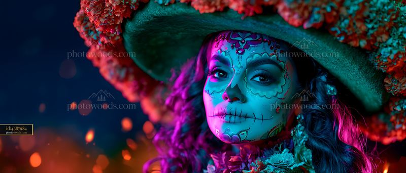 Portrait of a woman with colorful skull-inspired face paint