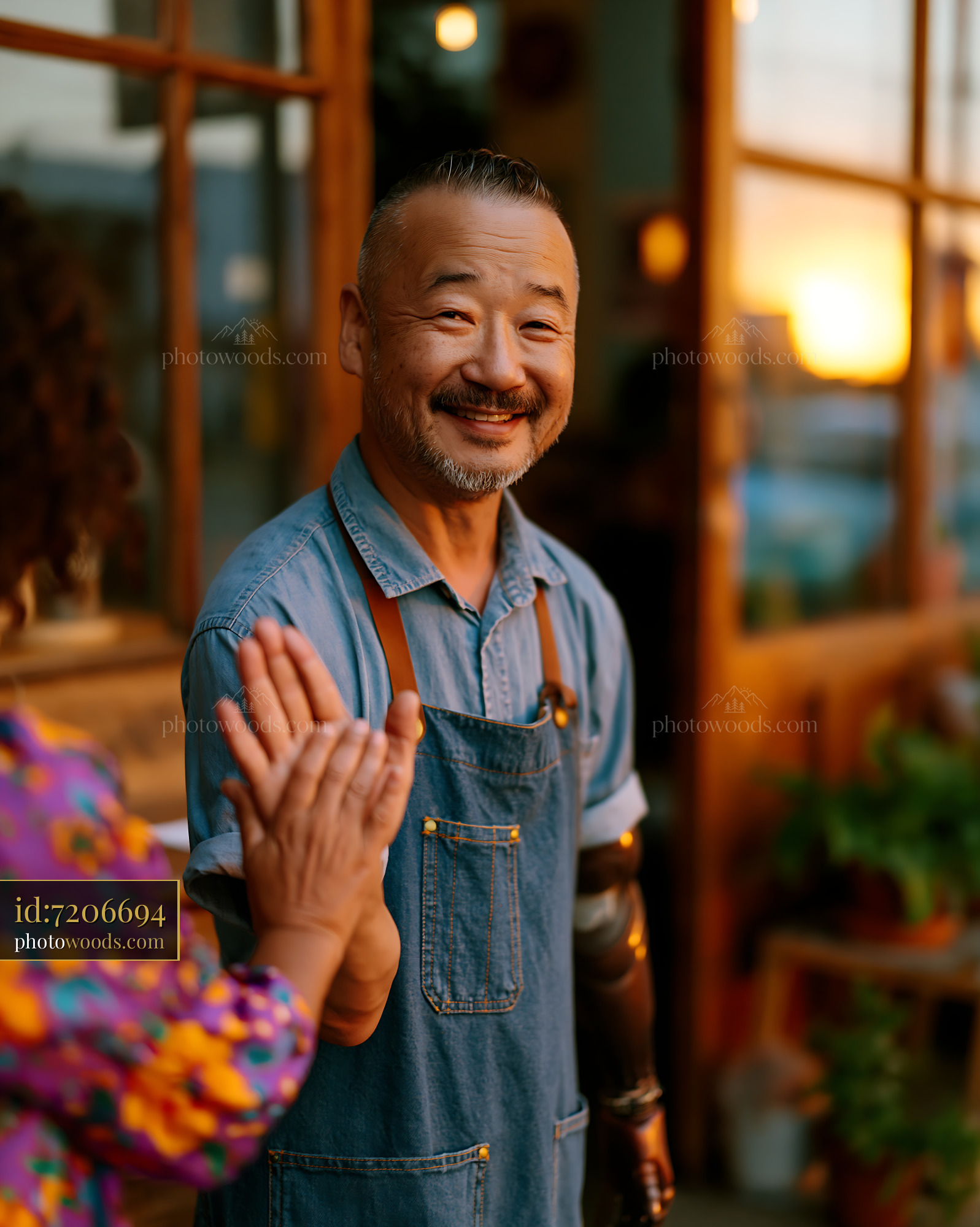 Joyful Craftsman With a Prosthetic Hand Greets at Sunset