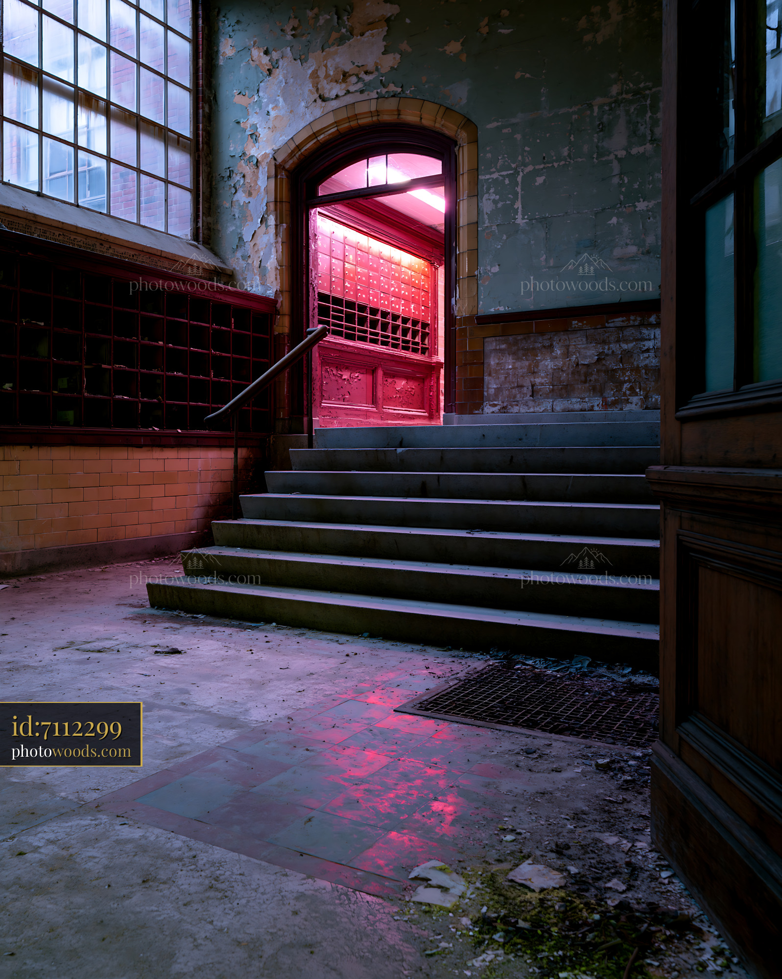Abandoned Building Entrance With Broken Mailbox and Lighting Glow