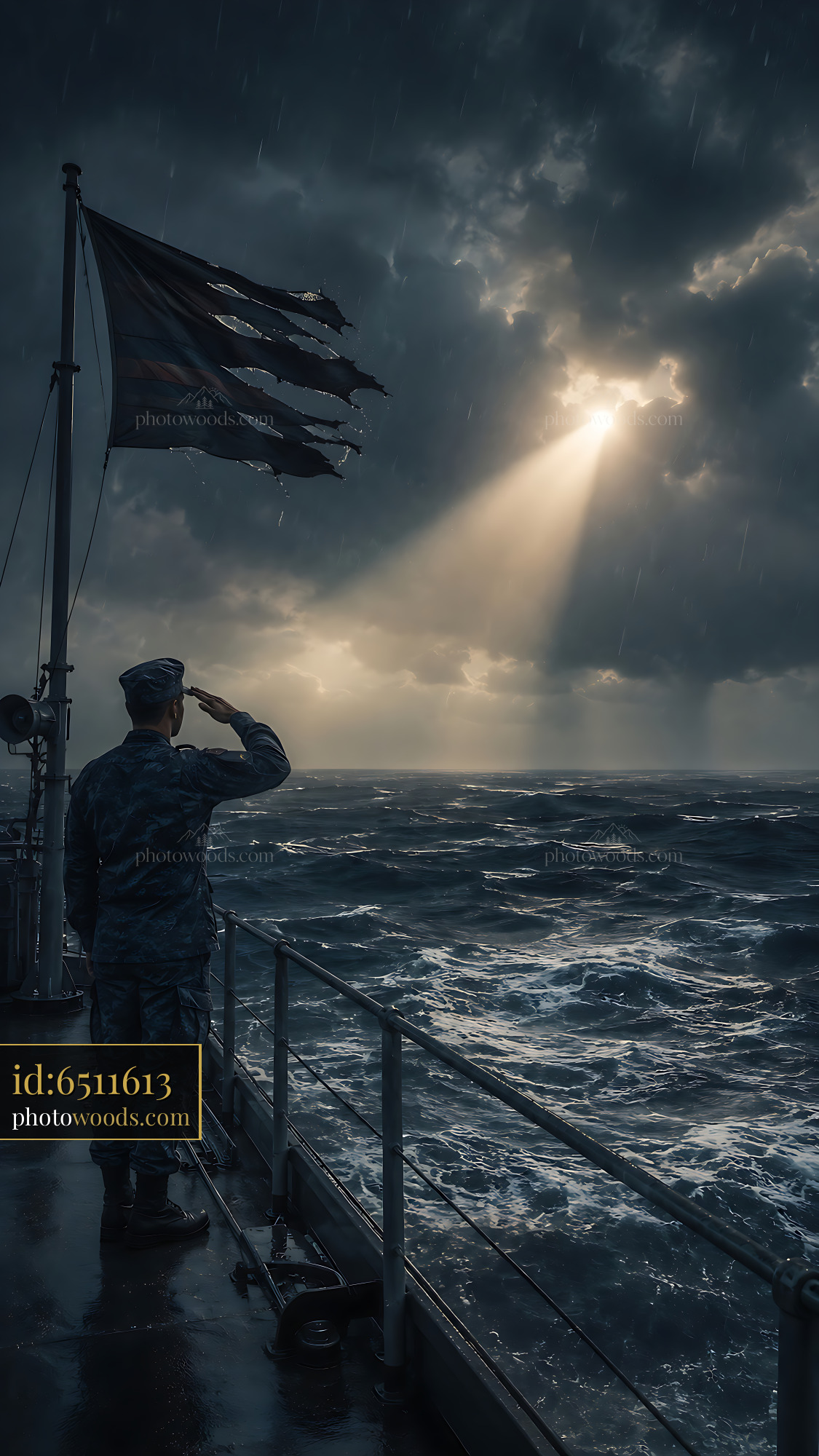 Soldier Salutes as Light Breaks Through Dark Storm Clouds at Sea