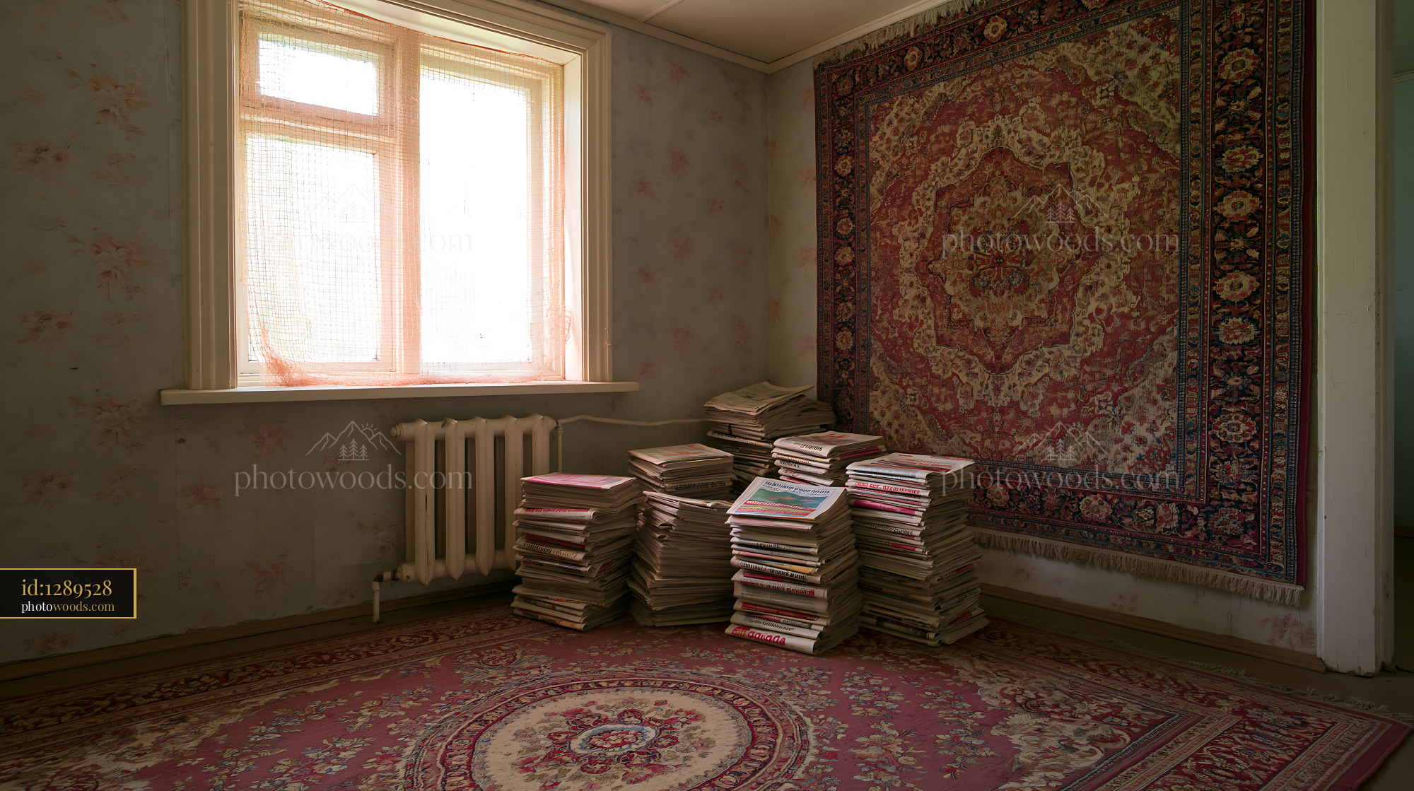 Faded Room With Threadbare Oriental Rug and Stacked Books