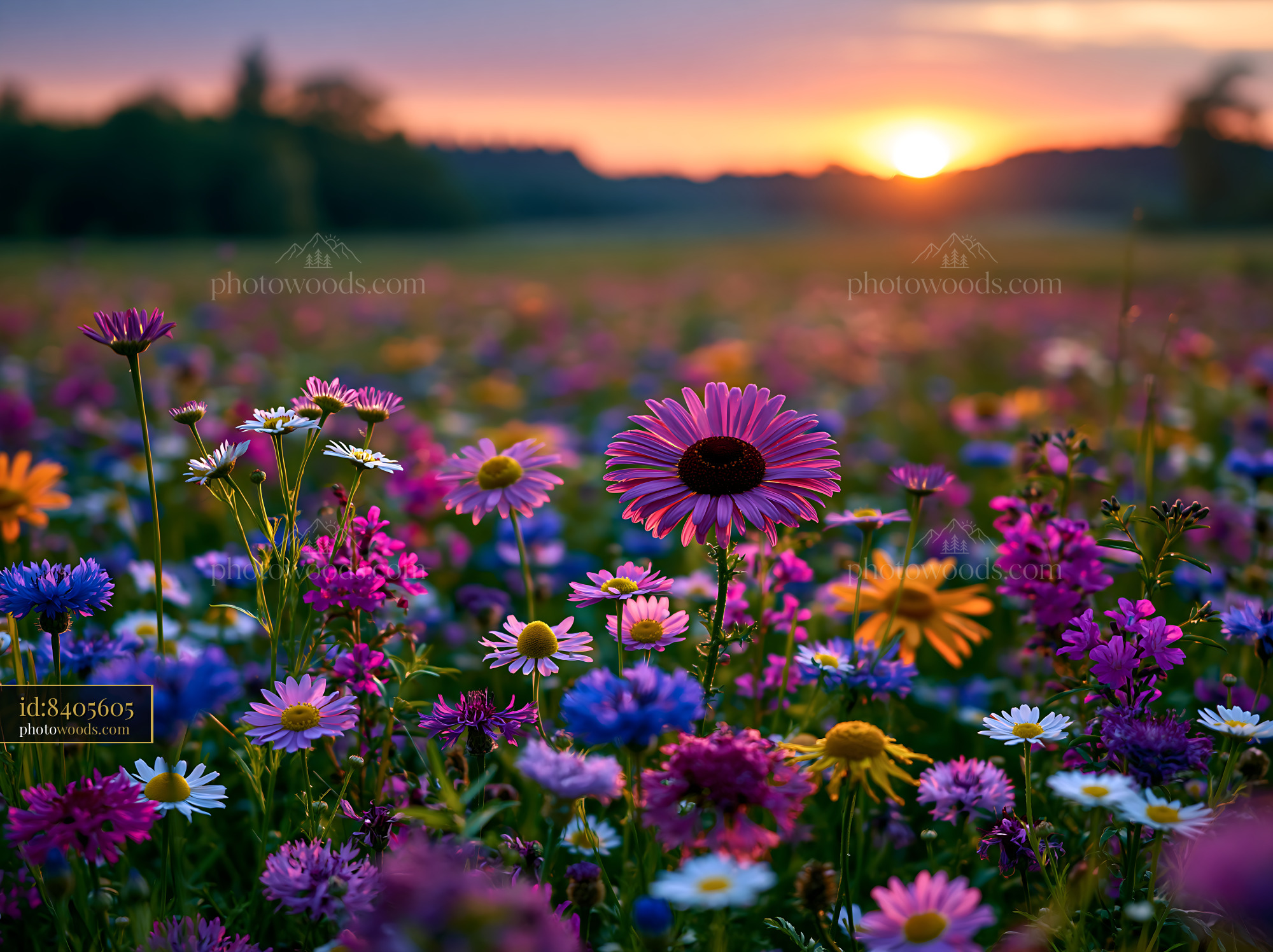 Flowers Bloom in a Field at Sunset With Warm Light
