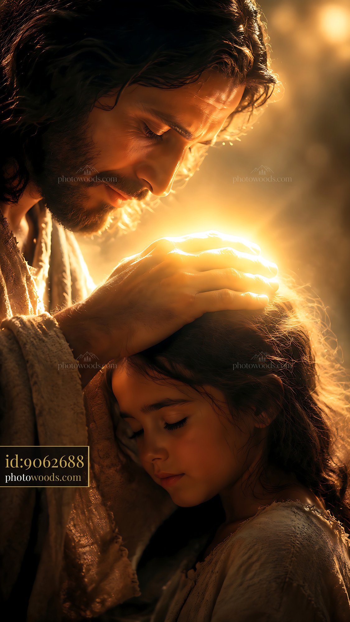 Man Touching Child's Head With Glowing Light Behind Them