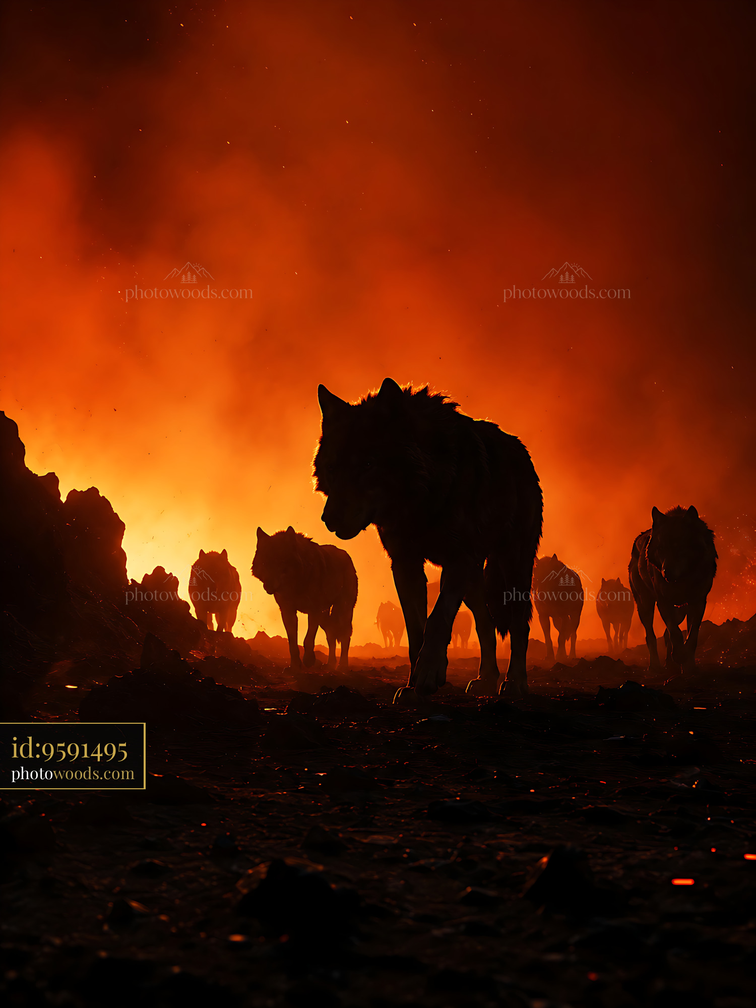 Wolves Walk Through Smoke and Fire in Dark Landscape at Dusk