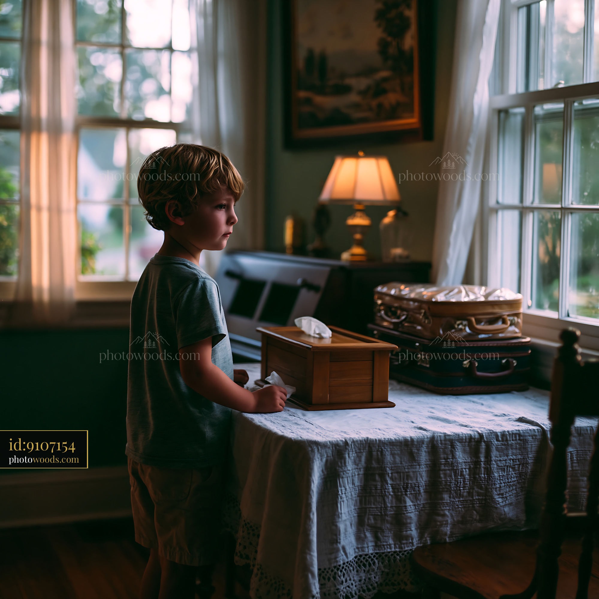 Child Standing by a Table With a Tissue Box in a Warmly Lit Room