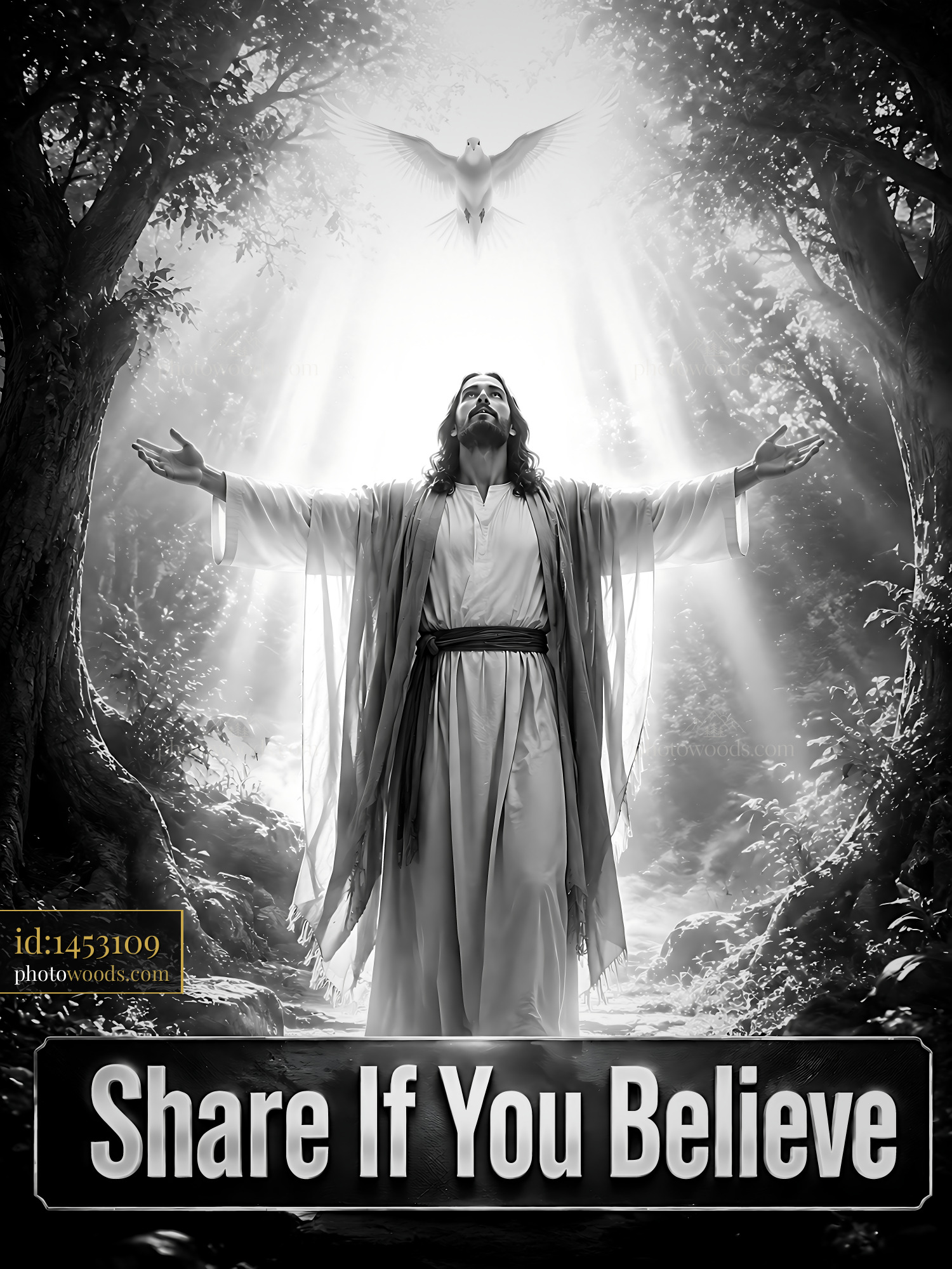 Jesus Raises Arms in Light With Dove Above in Forest Setting