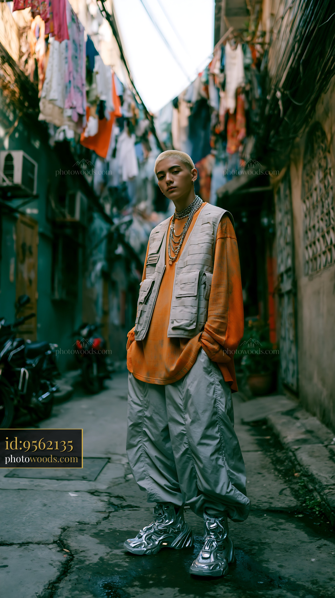 Man in Tactical Vest in Narrow Alleyway, Urban Setting