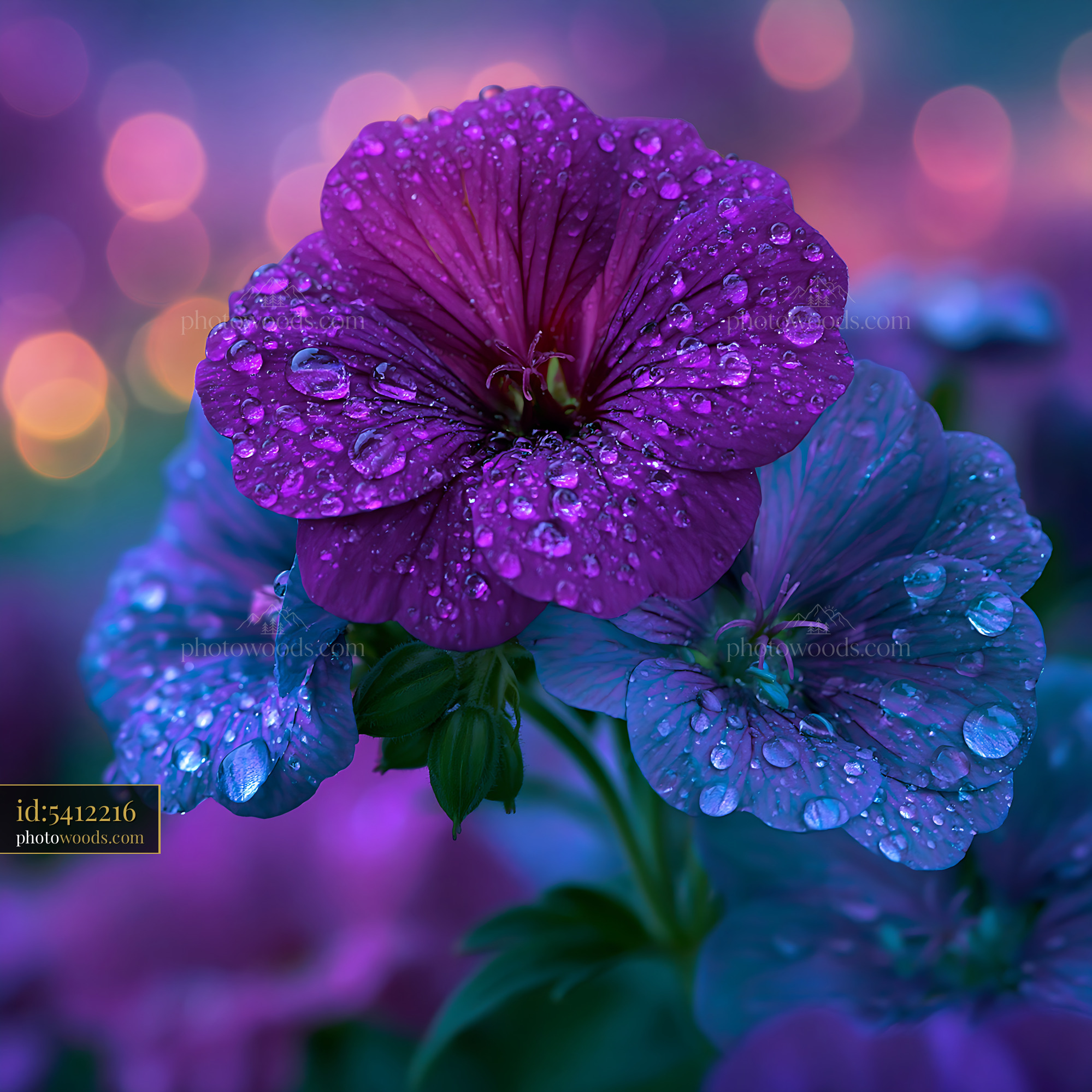 Purple Flower Covered in Water Droplets Glistens at Dusk